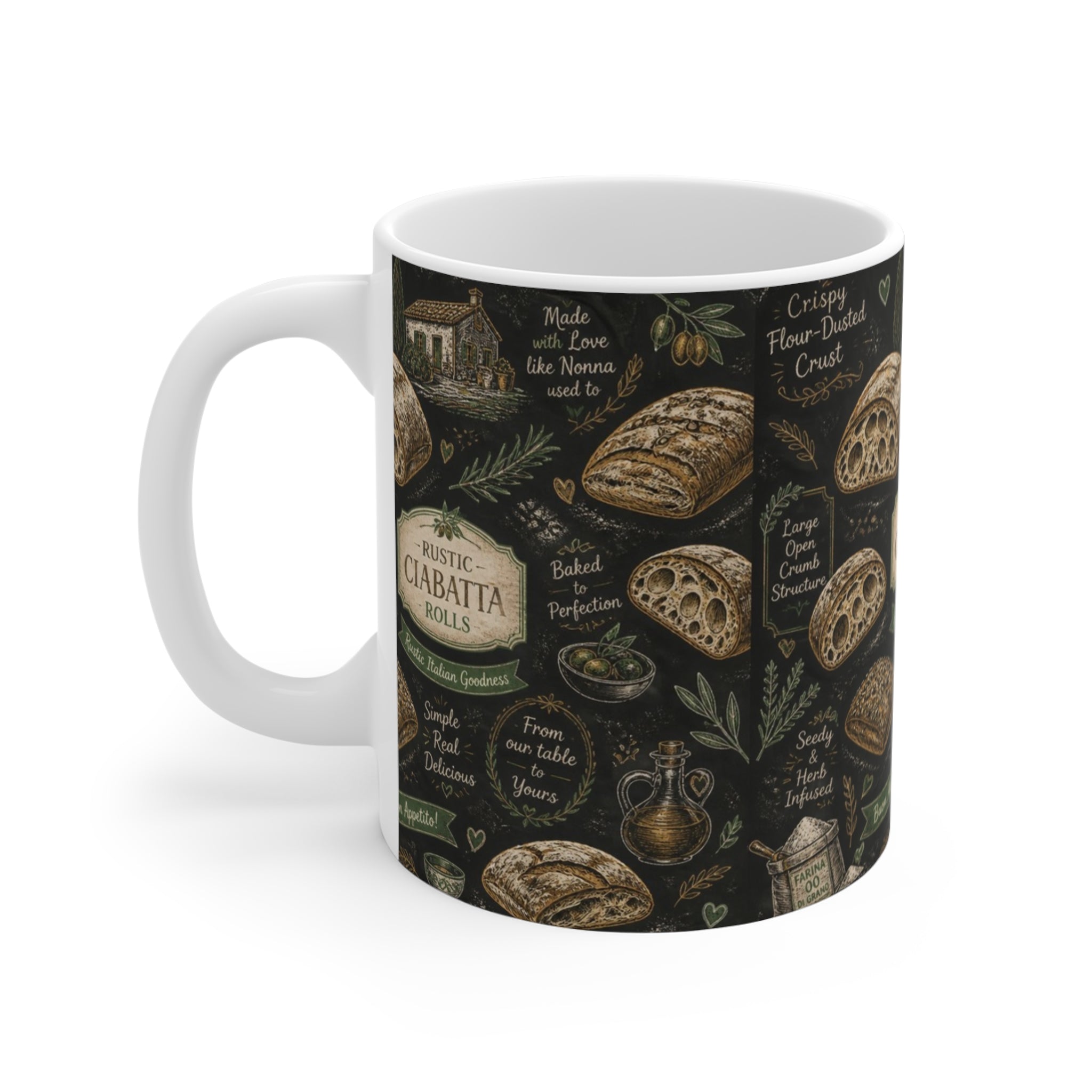 Ciabatta Rolls 11oz Ceramic Mug Mediterranean Kitchen Chalk Art Design Italian Cottagecore Gift