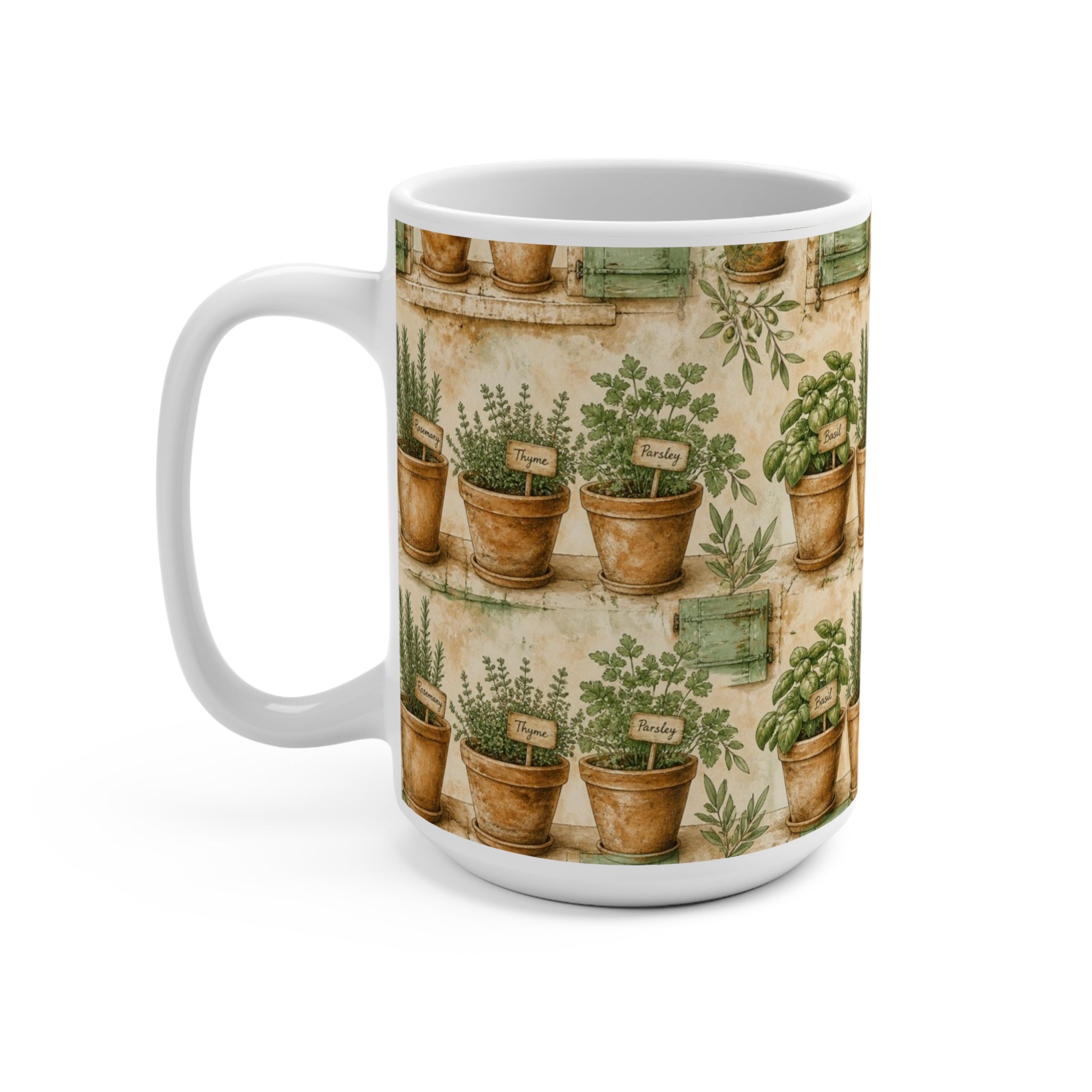 Terracotta Herb Pots 15oz Ceramic Mug Mediterranean Kitchen Watercolor Design Italian Cottagecore Gift