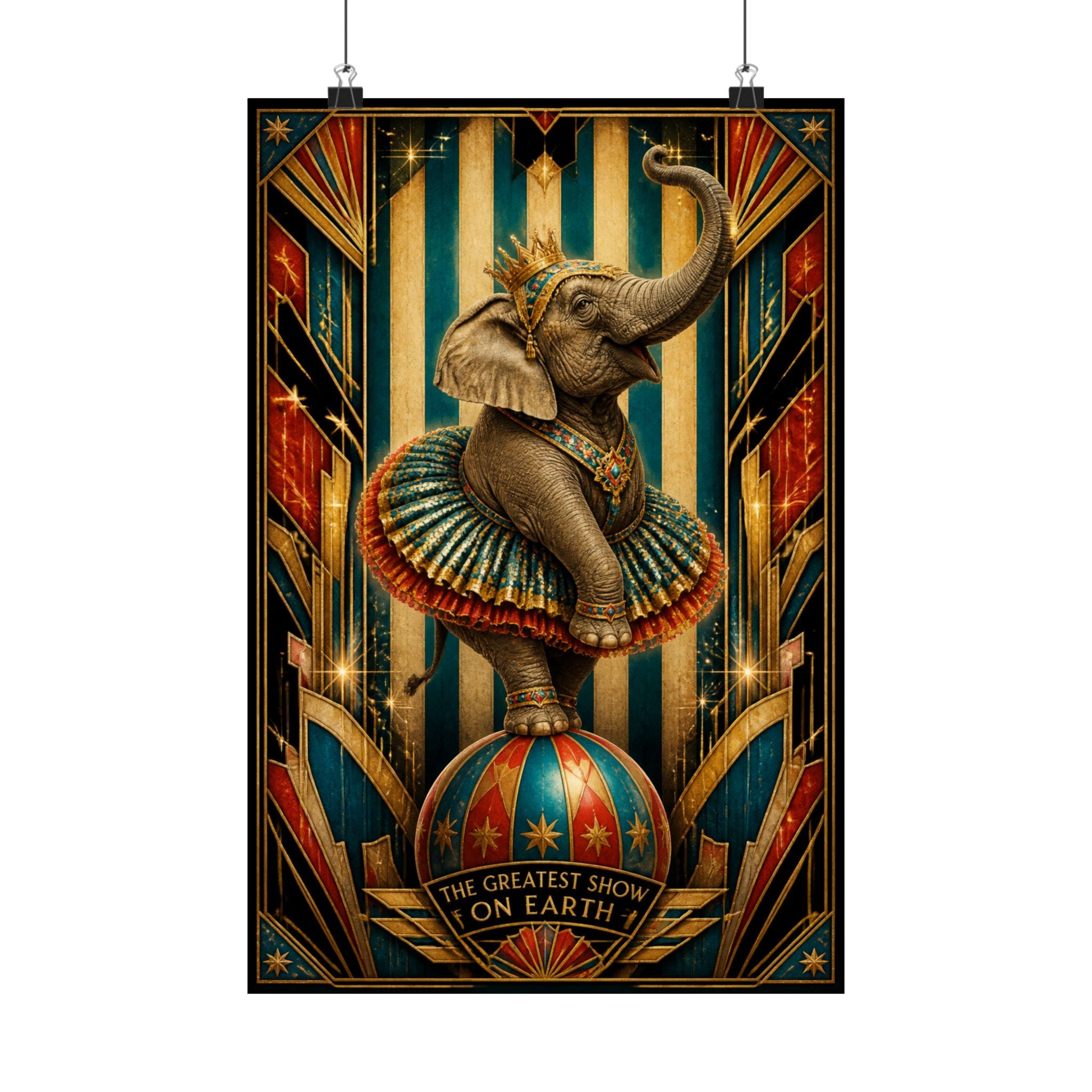 Elephant on Ball Wall Art Poster 18×24 Art Deco Entryway Decor Maximalist Print