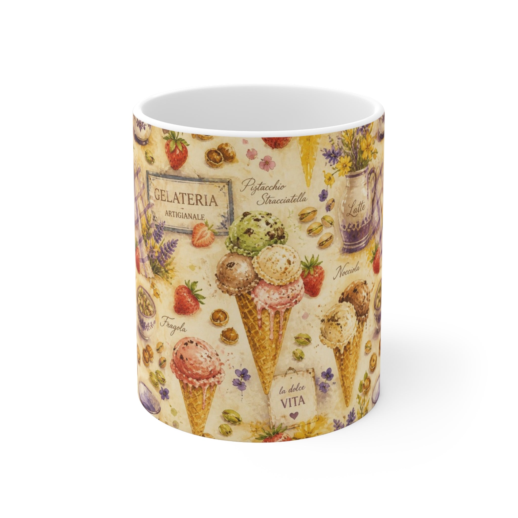 Gelato Scoops 11oz Ceramic Mug Mediterranean Kitchen Watercolor Splash Design Italian Cottagecore Gift