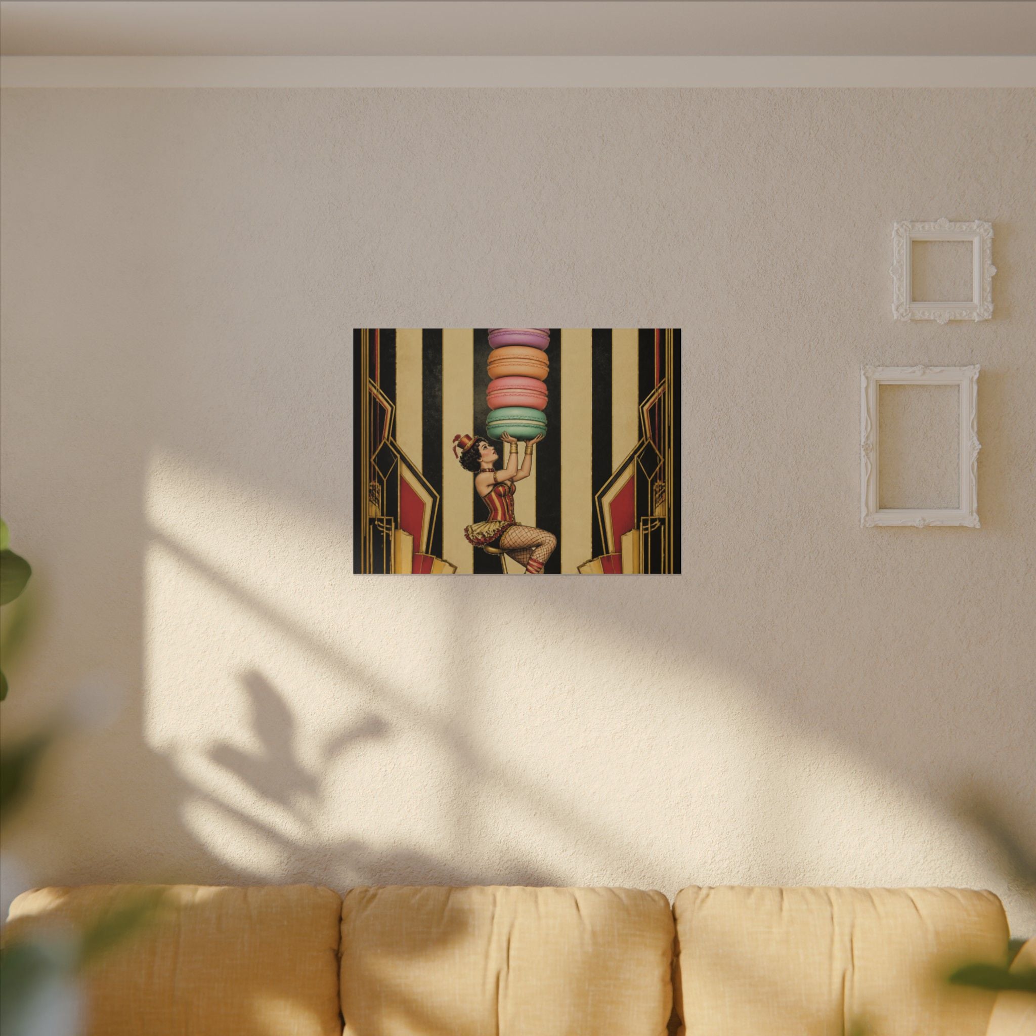 Macaron Balancing Tower Wall Art Canvas 24×36 Art Deco Bar Area Decor Maximalist Print