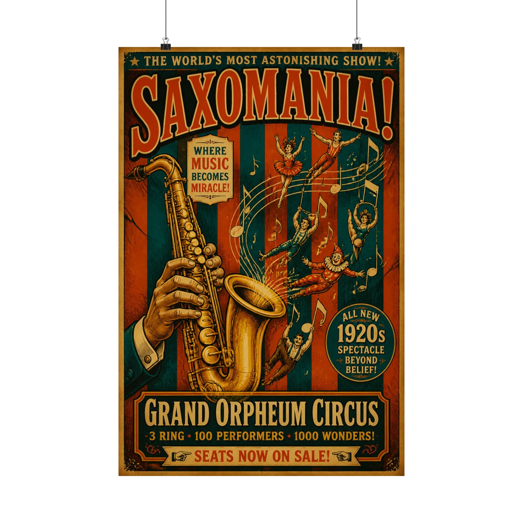 Saxophone Music Circus Wall Art Poster 18×24 Vintage Circus Kitchen Decor Maximalist Print