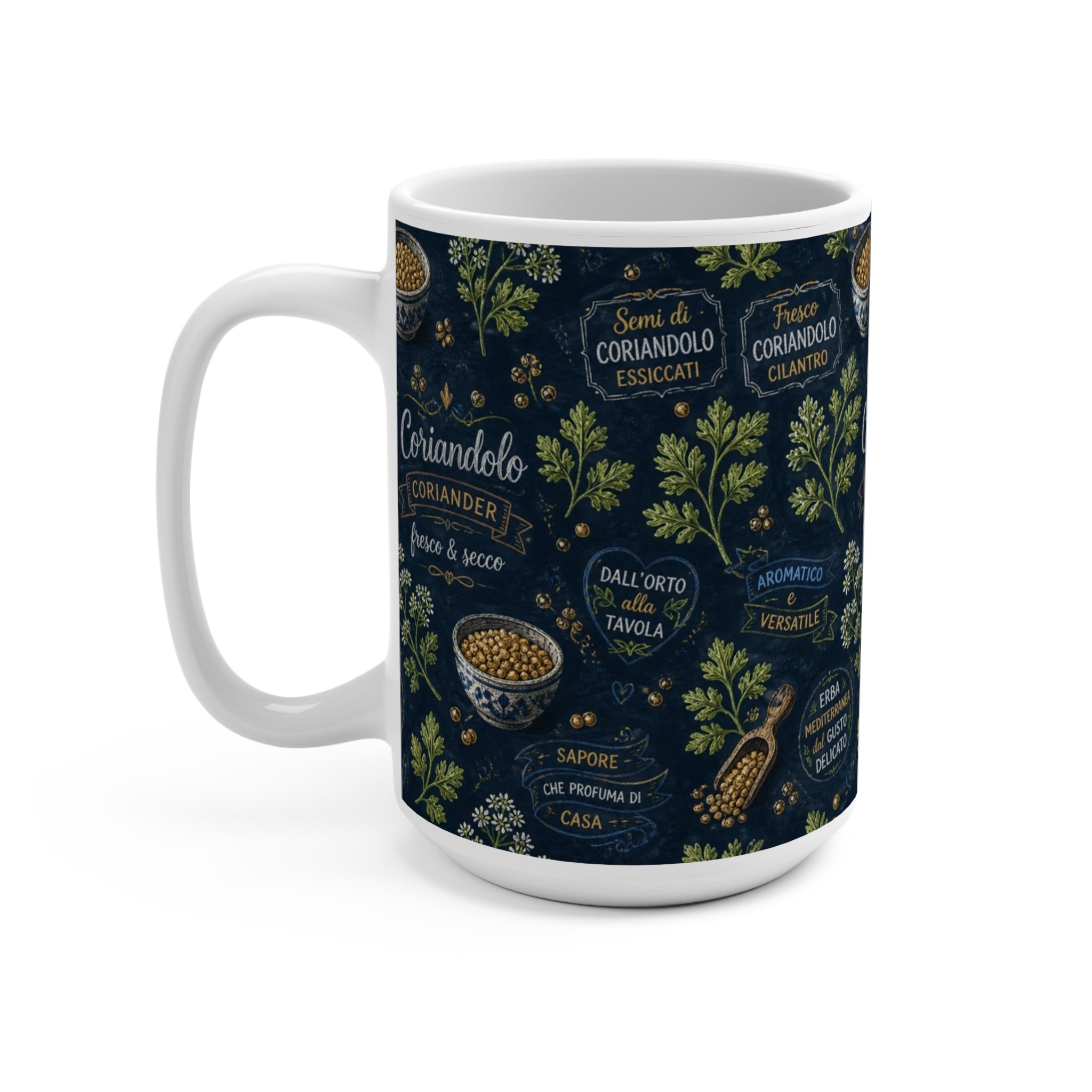 Coriander & Seeds 15oz Ceramic Mug Mediterranean Kitchen Chalk Art Design Italian Cottagecore Gift