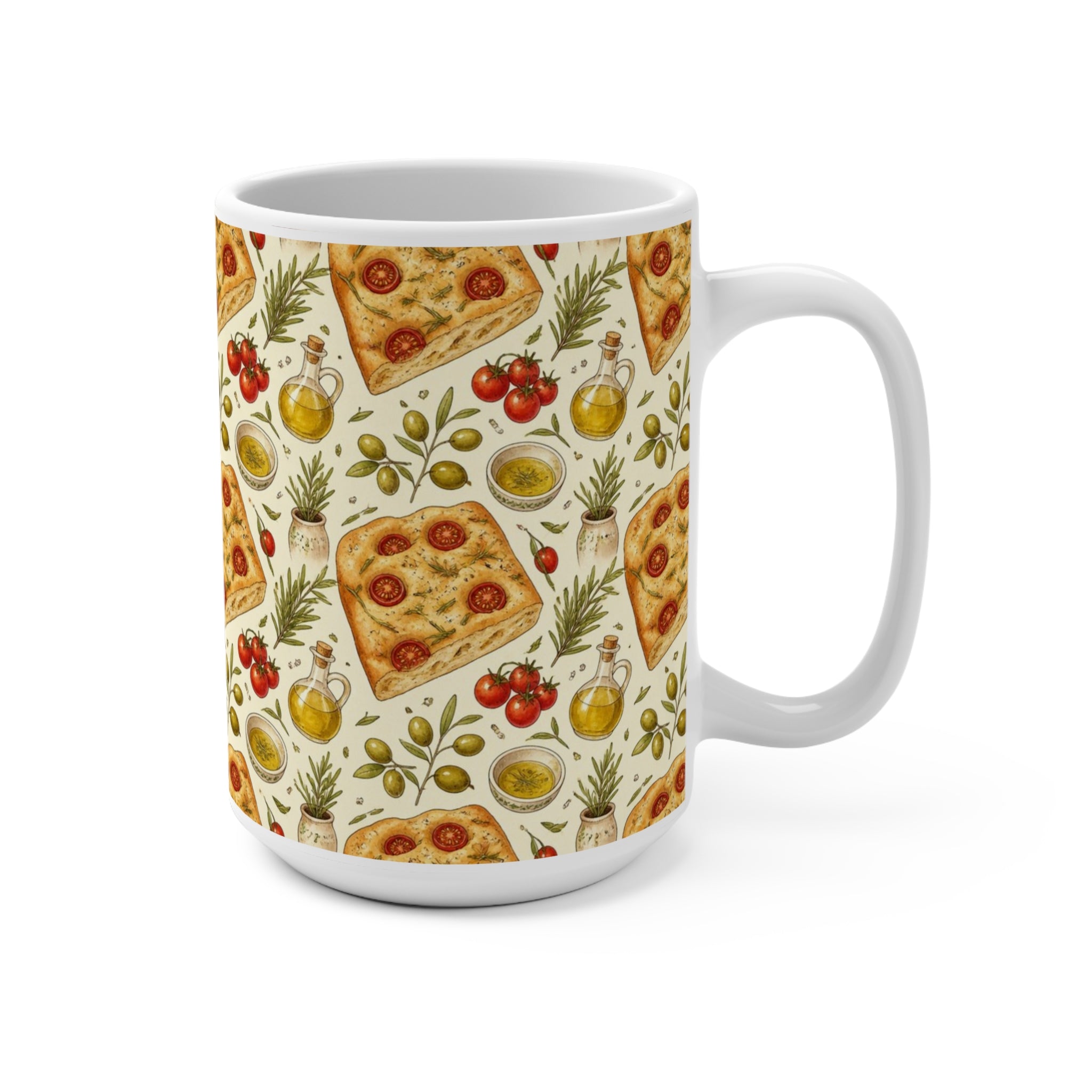 Focaccia Bread 15oz Ceramic Mug Mediterranean Kitchen Watercolor Design Italian Cottagecore Gift