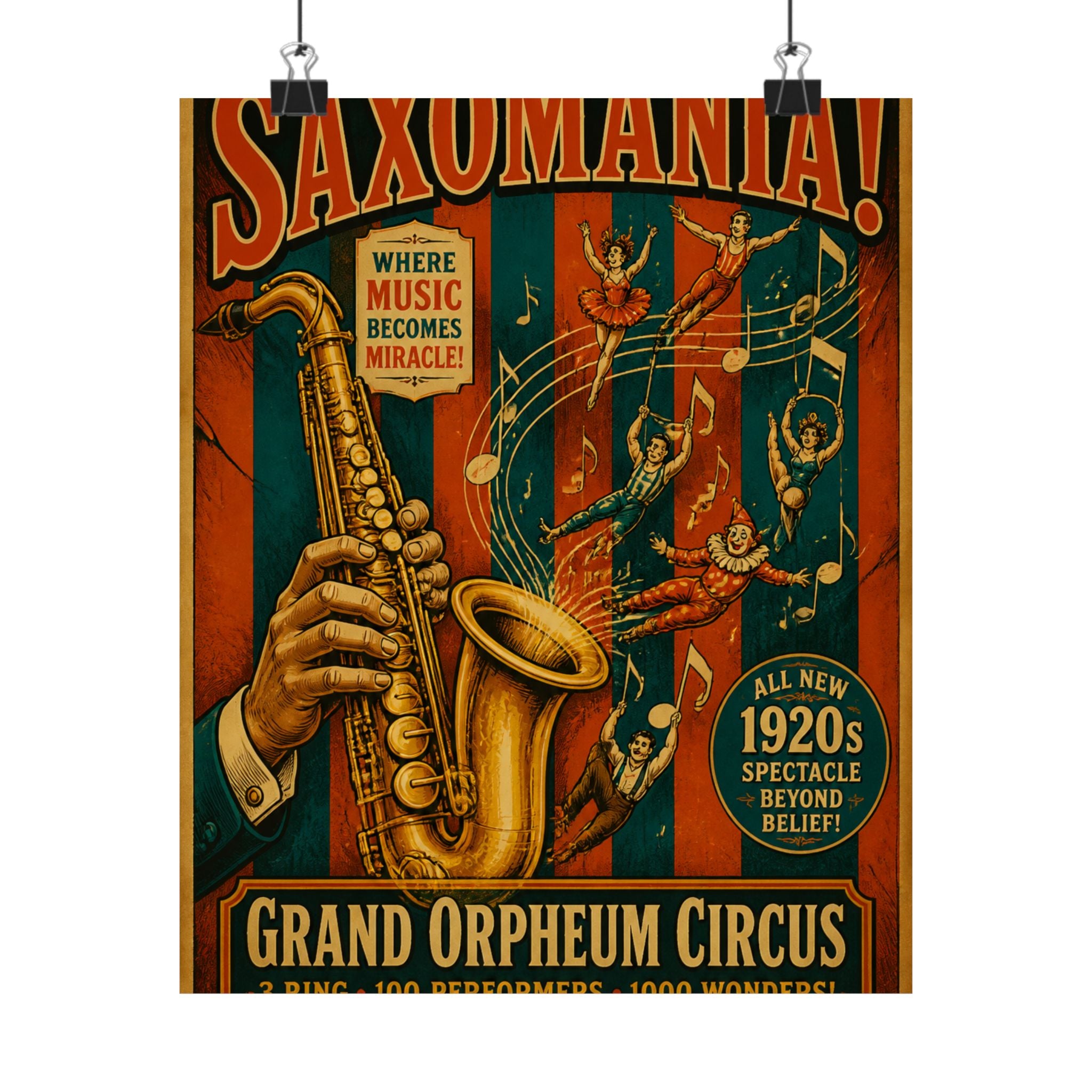 Saxophone Music Circus Wall Art Poster 18×24 Vintage Circus Kitchen Decor Maximalist Print