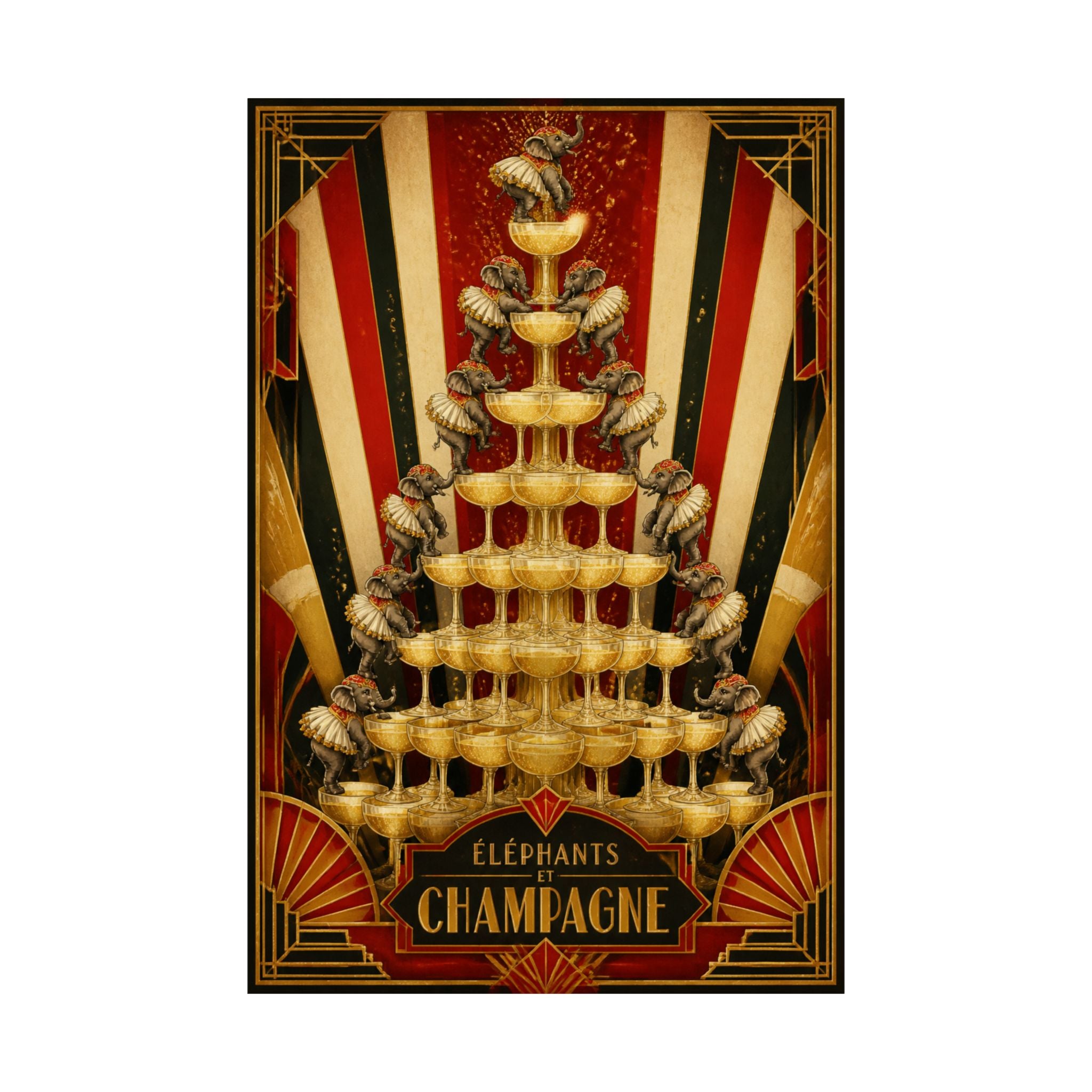 Champagne Tower Elephants Wall Art Poster 24×36 Art Deco Bar Area Decor Maximalist Print