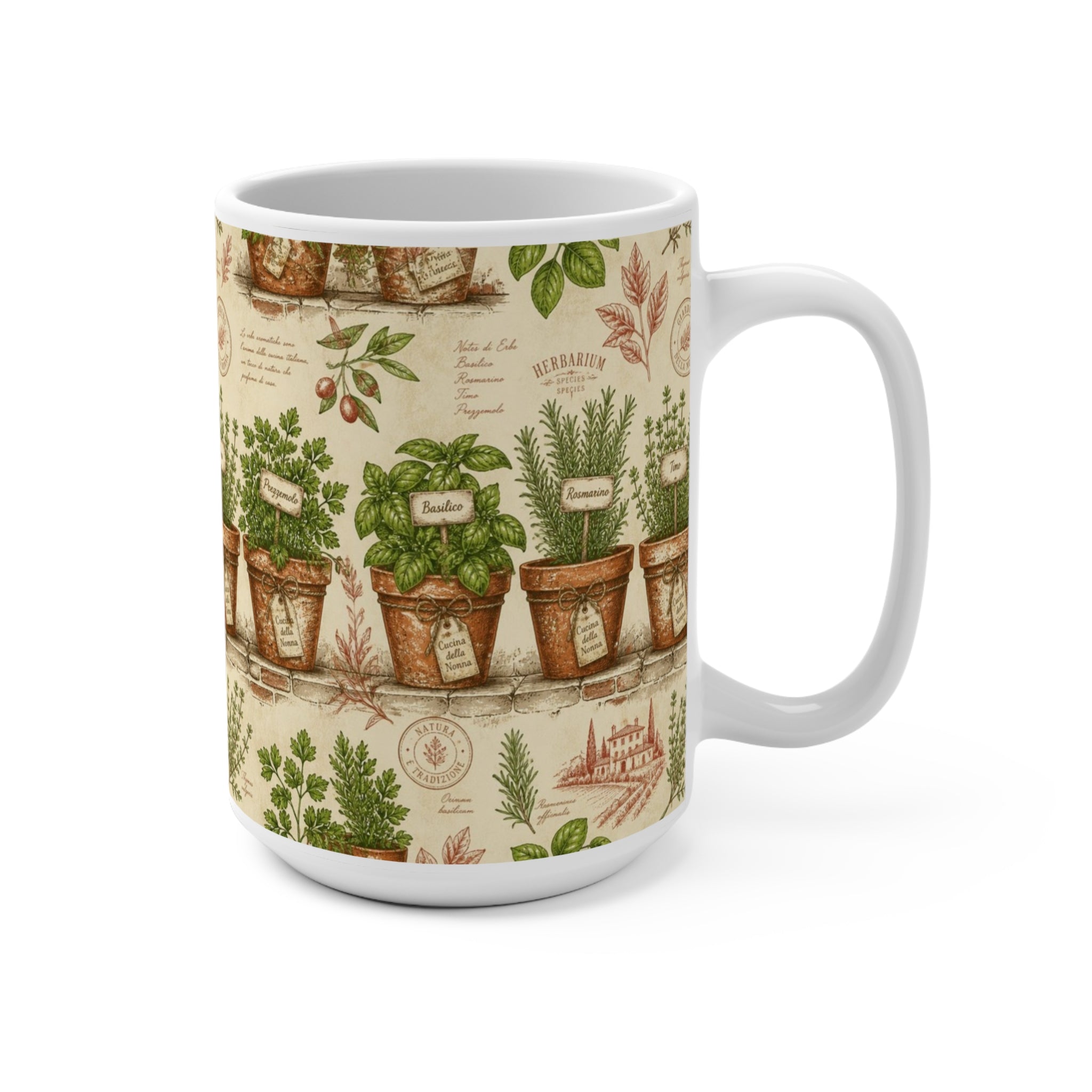 Terracotta Herb Pots 15oz Ceramic Mug Mediterranean Kitchen Botanical Design Italian Cottagecore Gift