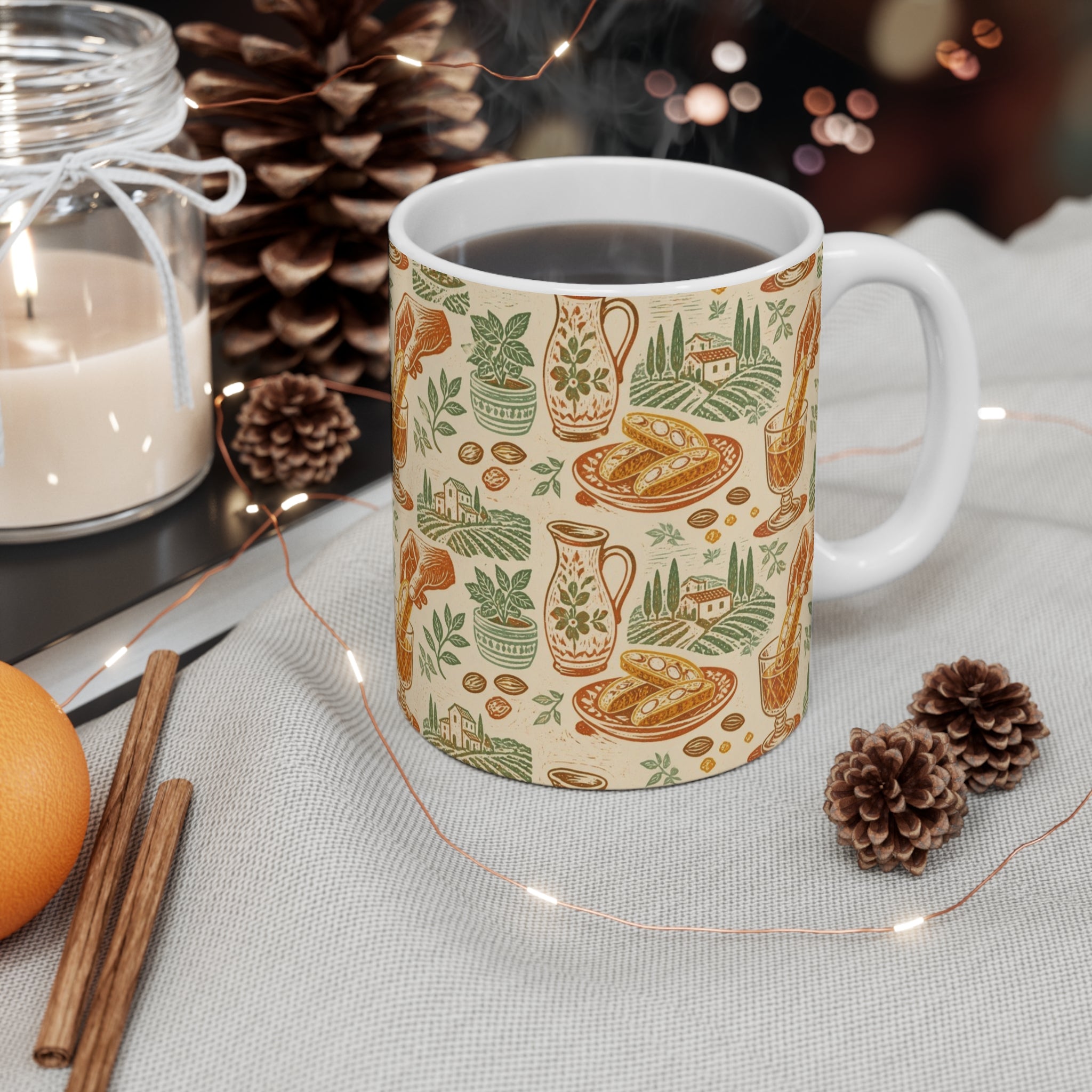 Biscotti & Vin Santo 11oz Ceramic Mug Mediterranean Kitchen Linocut Design Italian Cottagecore Gift
