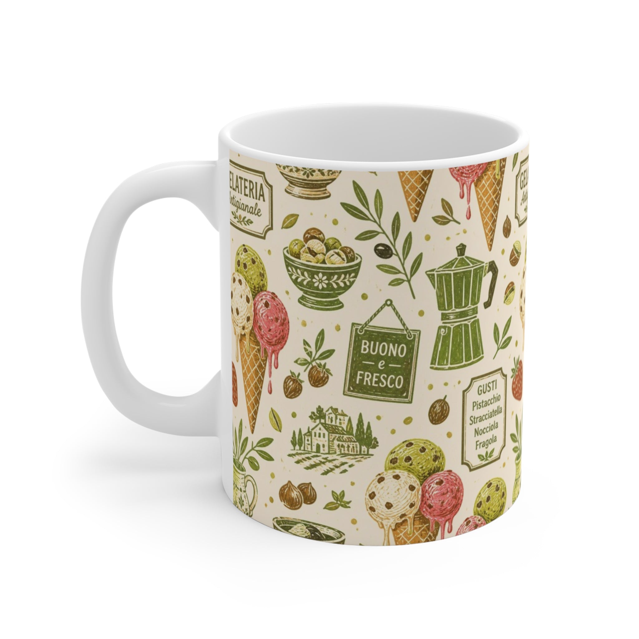 Gelato Scoops 11oz Ceramic Mug Mediterranean Kitchen Linocut Design Italian Cottagecore Gift