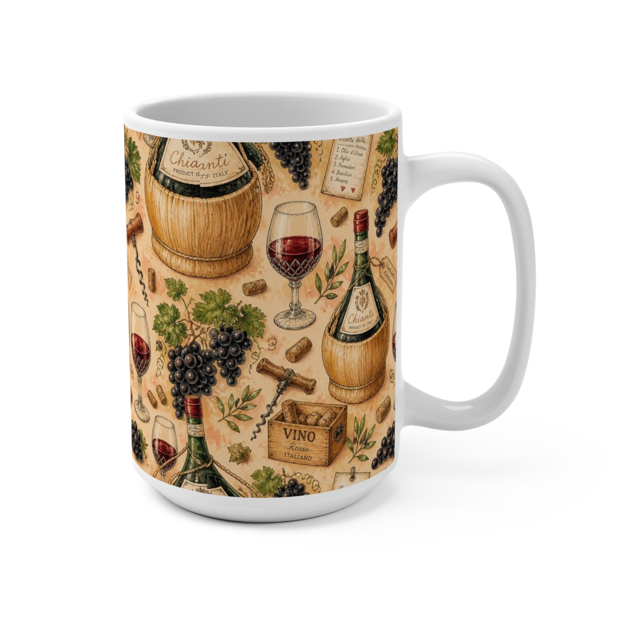 Wine Bottles & Glasses 15oz Ceramic Mug Mediterranean Kitchen Watercolor Design Italian Cottagecore Gift