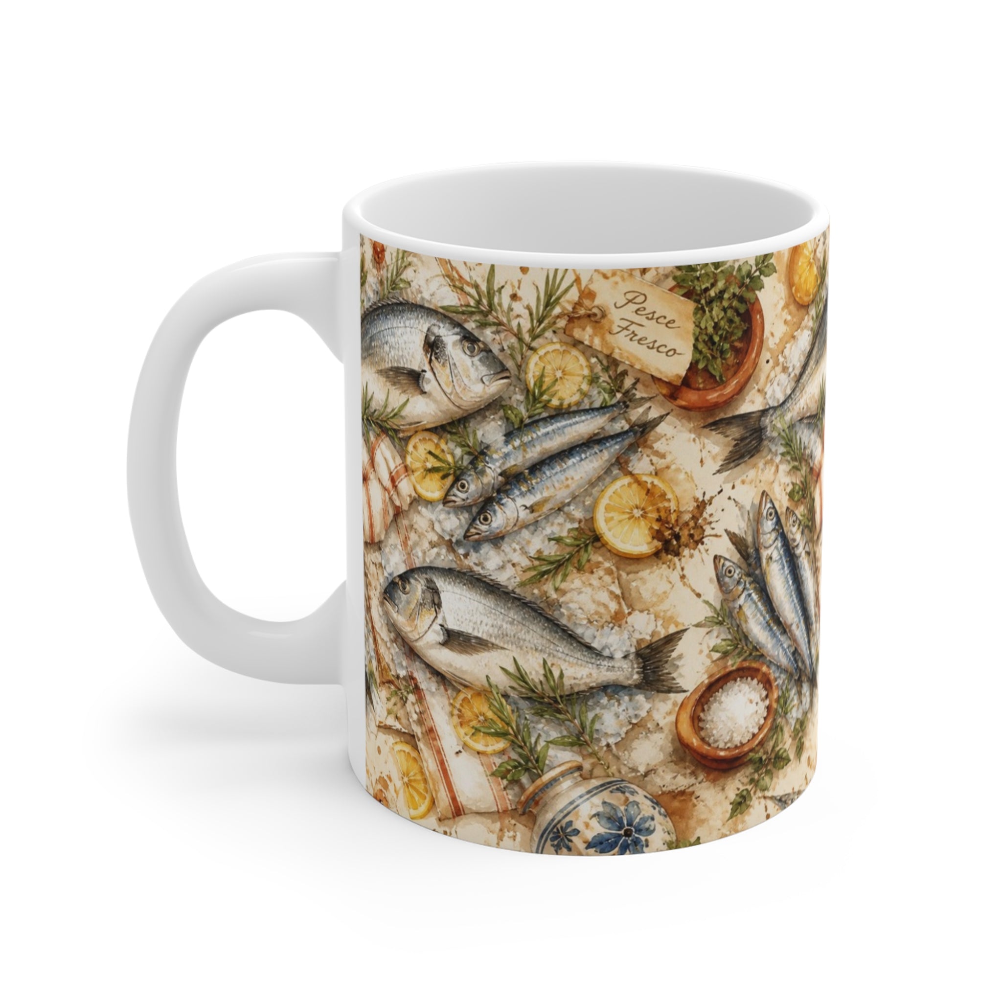 Mediterranean Fish 11oz Ceramic Mug Mediterranean Kitchen Watercolor Splash Design Italian Cottagecore Gift