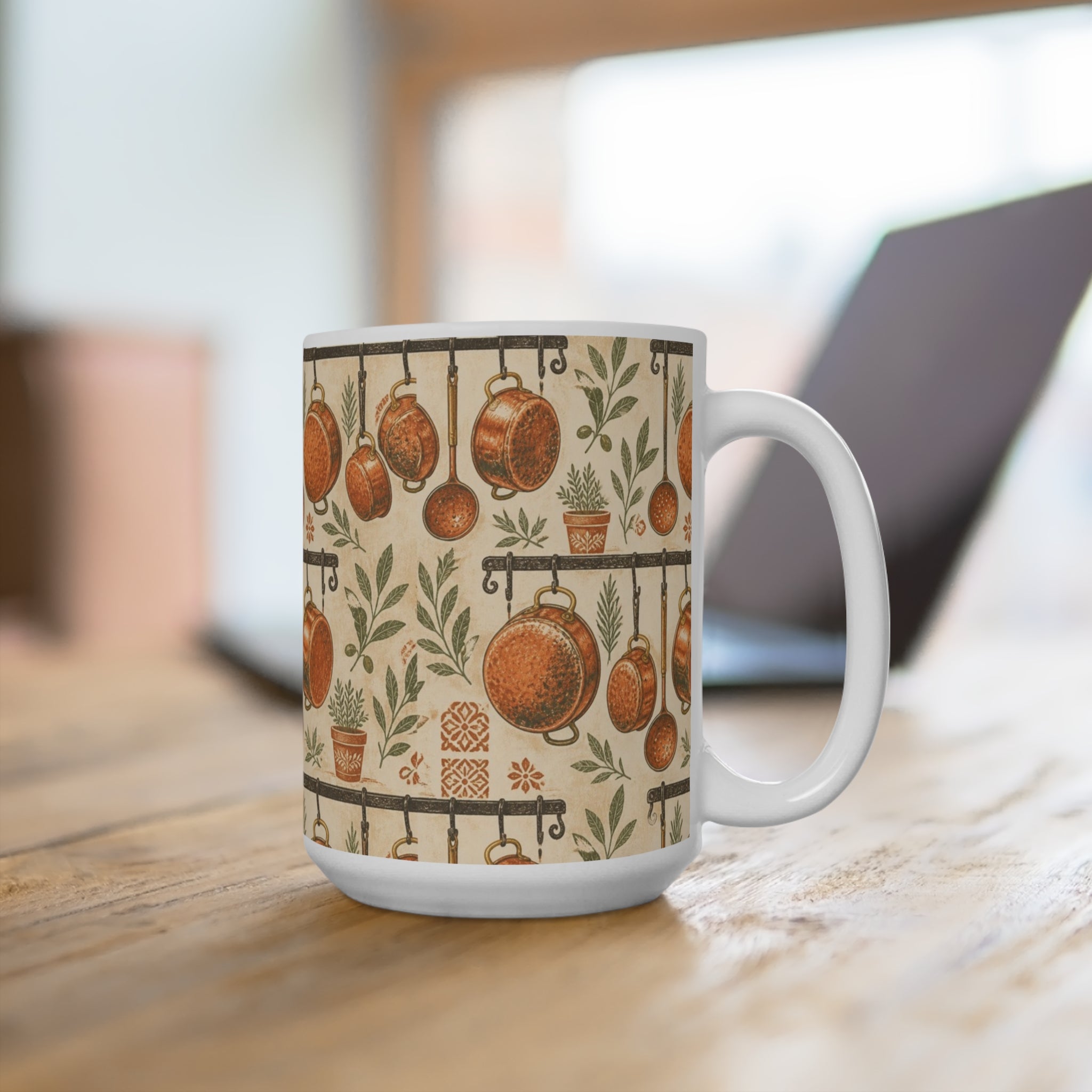 Copper Cookware 15oz Ceramic Mug Mediterranean Kitchen Linocut Design Italian Cottagecore Gift