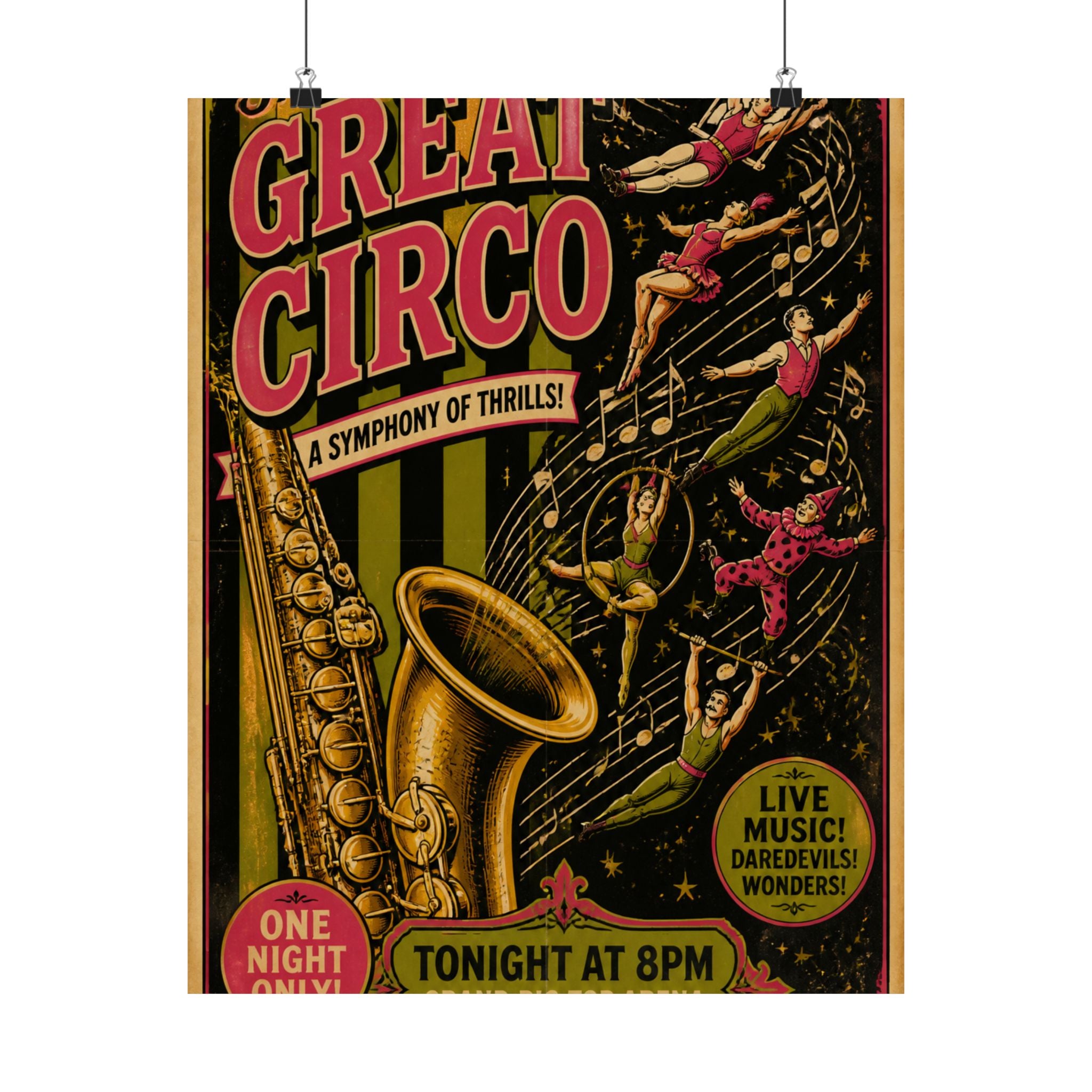 Saxophone Music Circus Wall Art Poster 24×36 Vintage Circus Bedroom Decor Maximalist Print