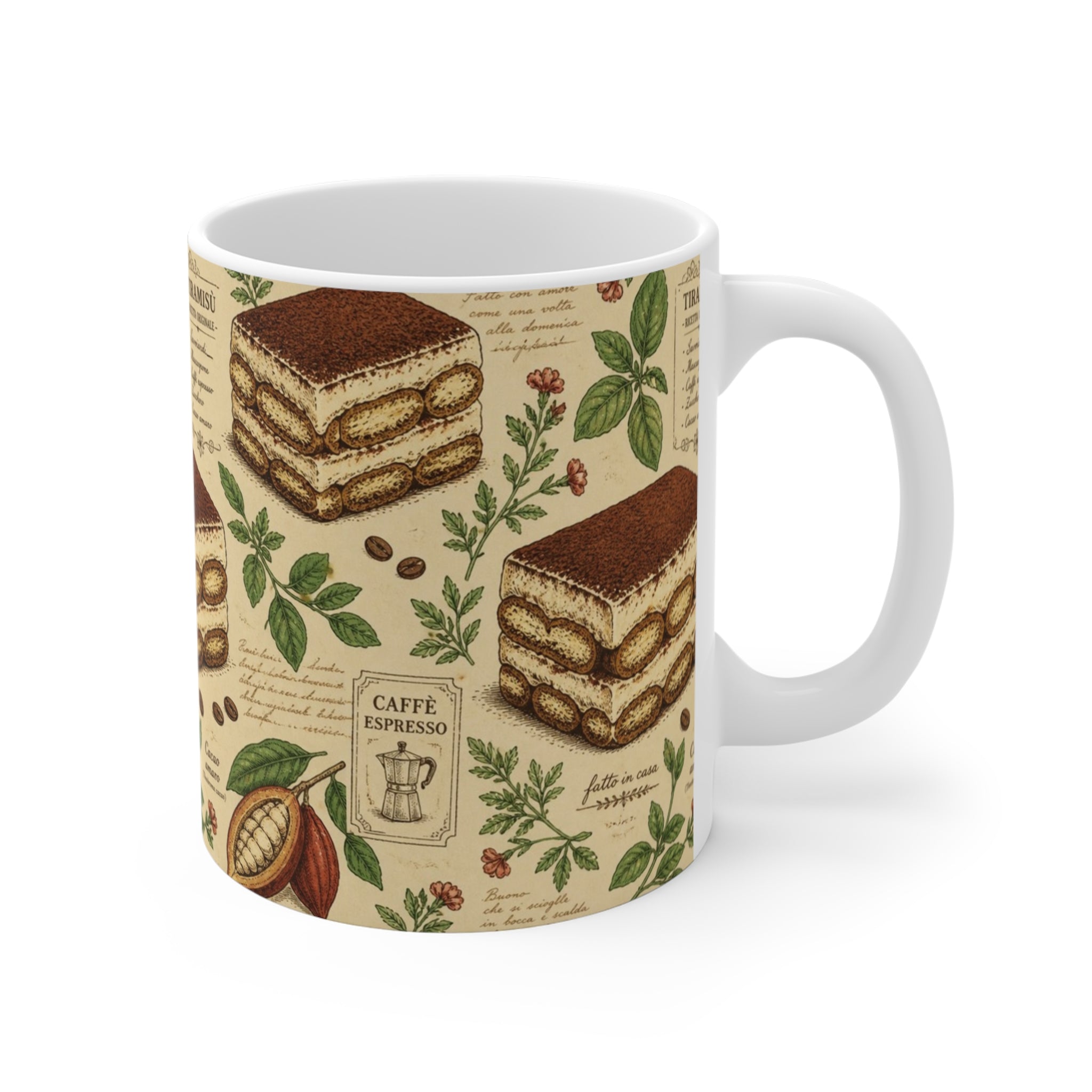 Tiramisu Layers 11oz Ceramic Mug Mediterranean Kitchen Botanical Design Italian Cottagecore Gift