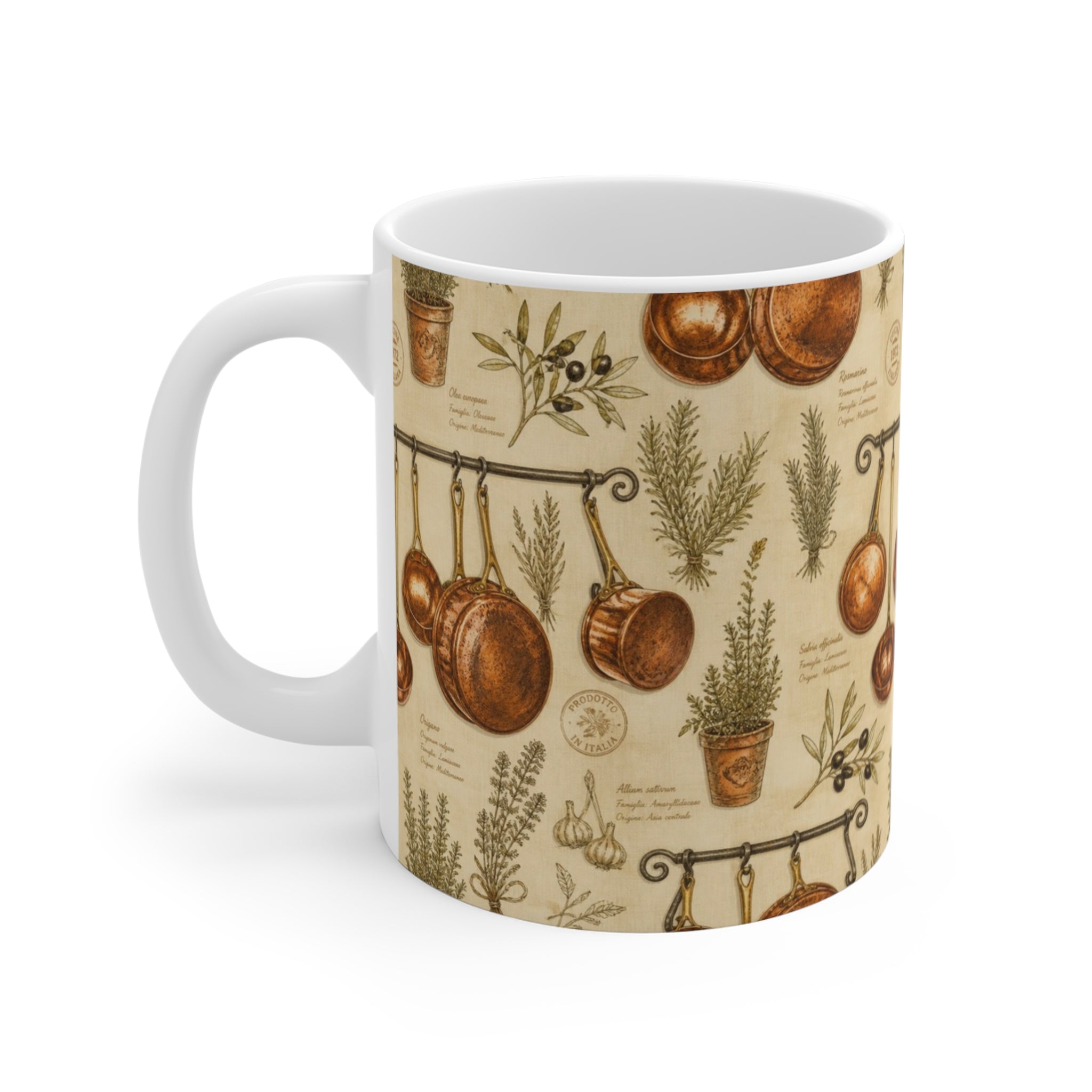Copper Cookware 11oz Ceramic Mug Mediterranean Kitchen Botanical Design Italian Cottagecore Gift