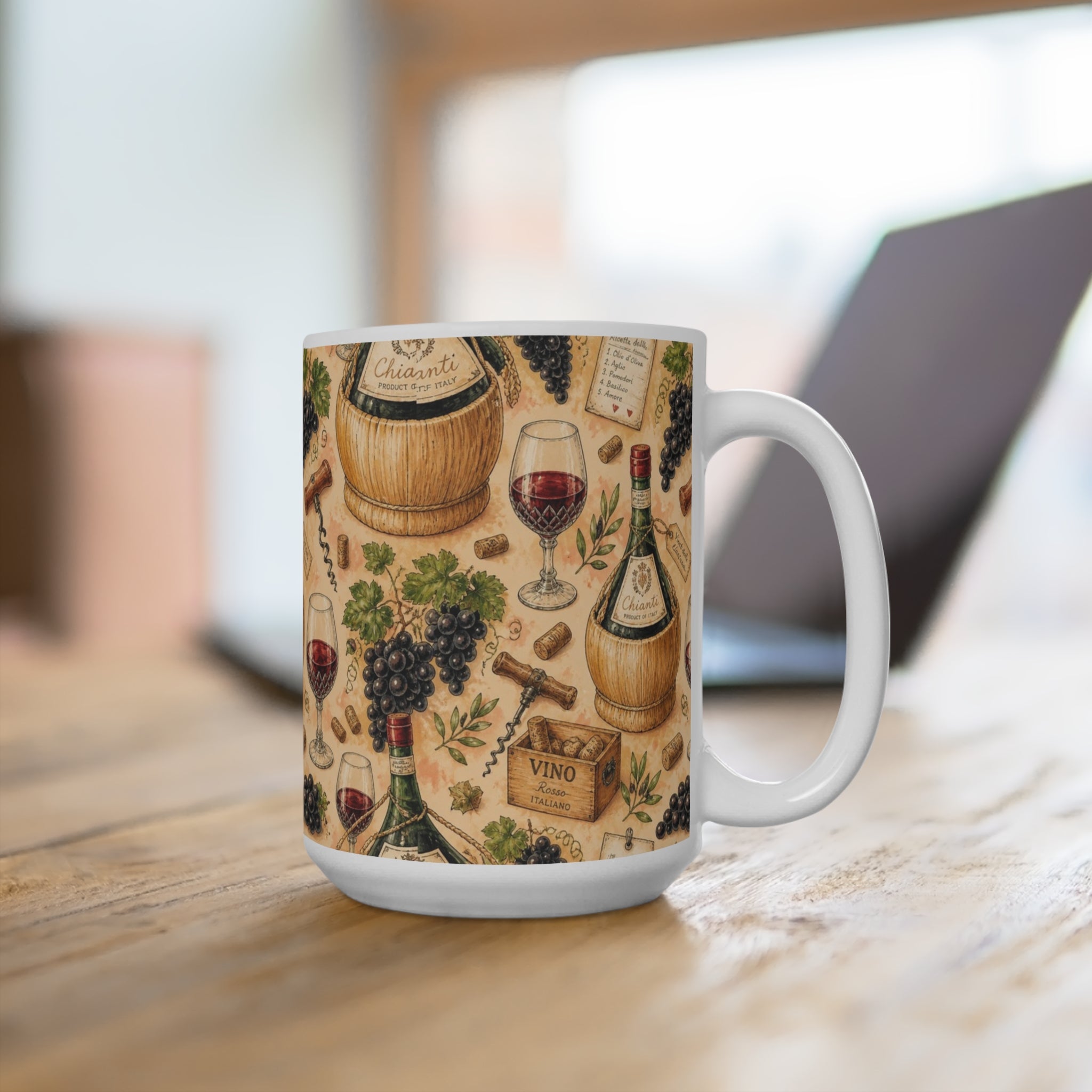 Wine Bottles & Glasses 15oz Ceramic Mug Mediterranean Kitchen Watercolor Design Italian Cottagecore Gift