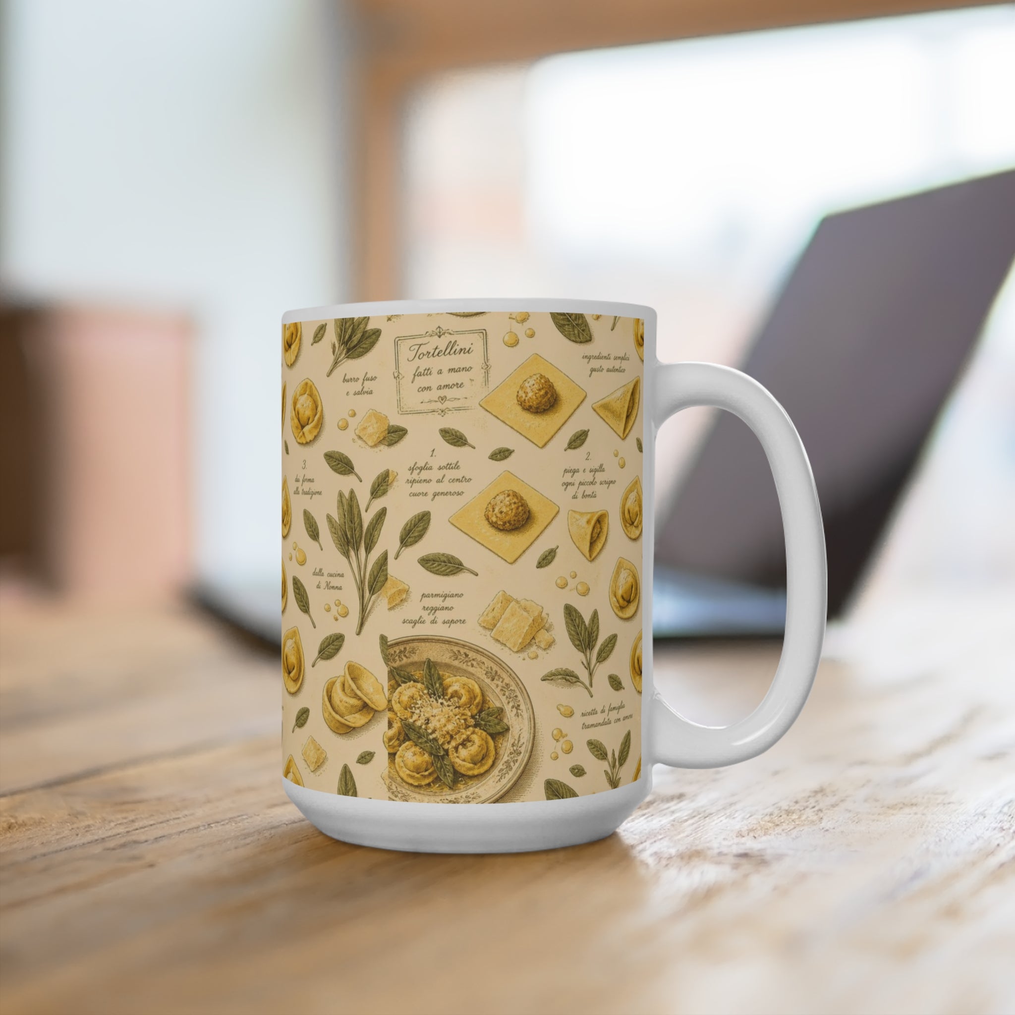 Tortellini with Sage 15oz Ceramic Mug Mediterranean Kitchen Botanical Design Italian Cottagecore Gift