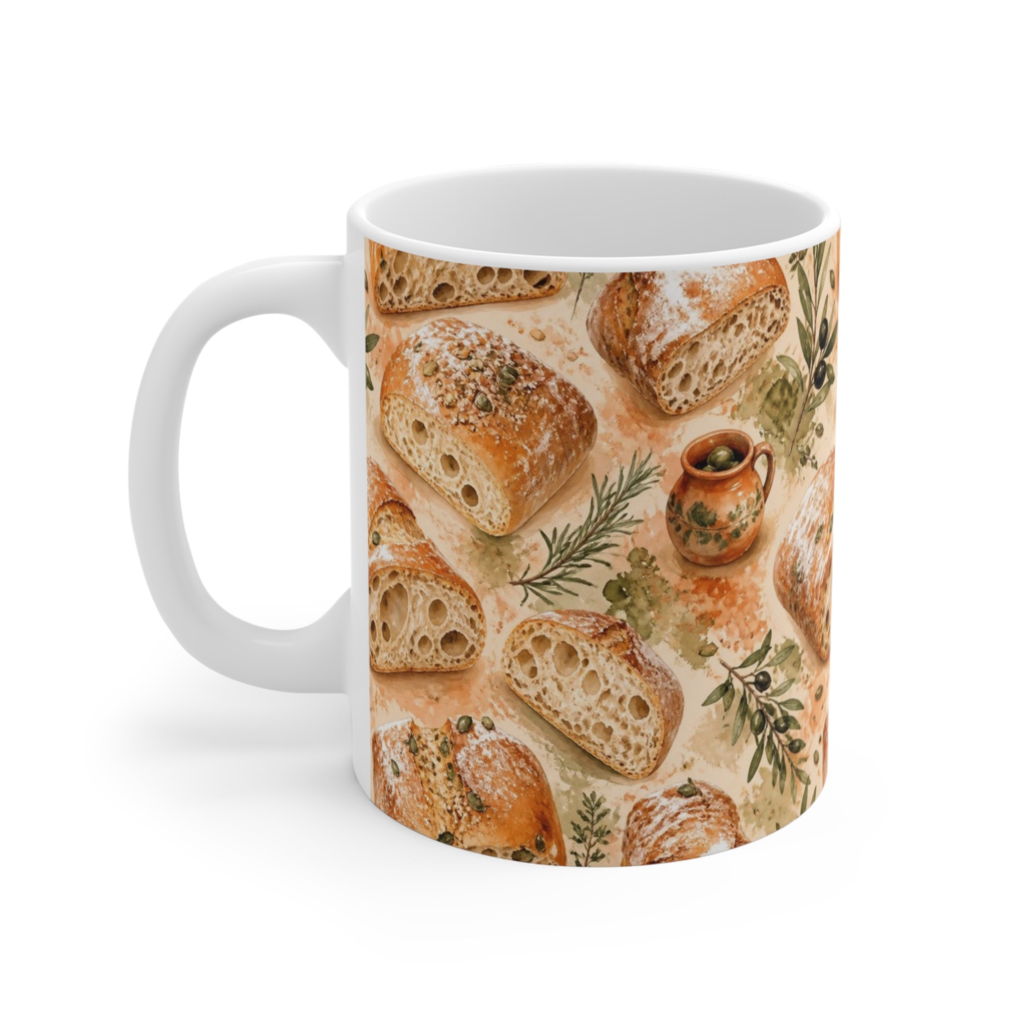 Ciabatta Rolls 11oz Ceramic Mug Mediterranean Kitchen Watercolor Splash Design Italian Cottagecore Gift