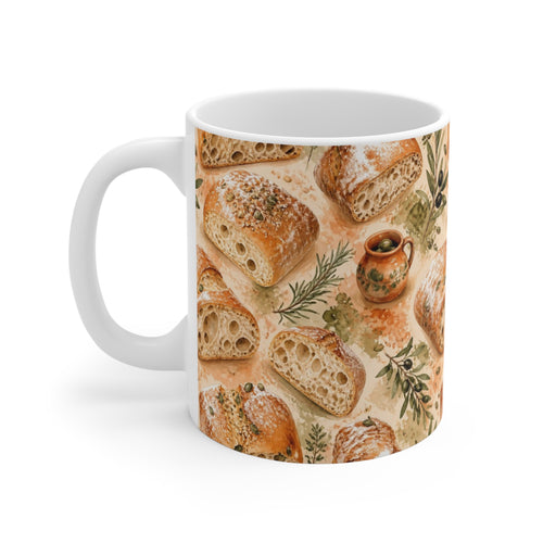 Ciabatta Rolls 11oz Ceramic Mug Mediterranean Kitchen Watercolor Splash Design Italian Cottagecore Gift
