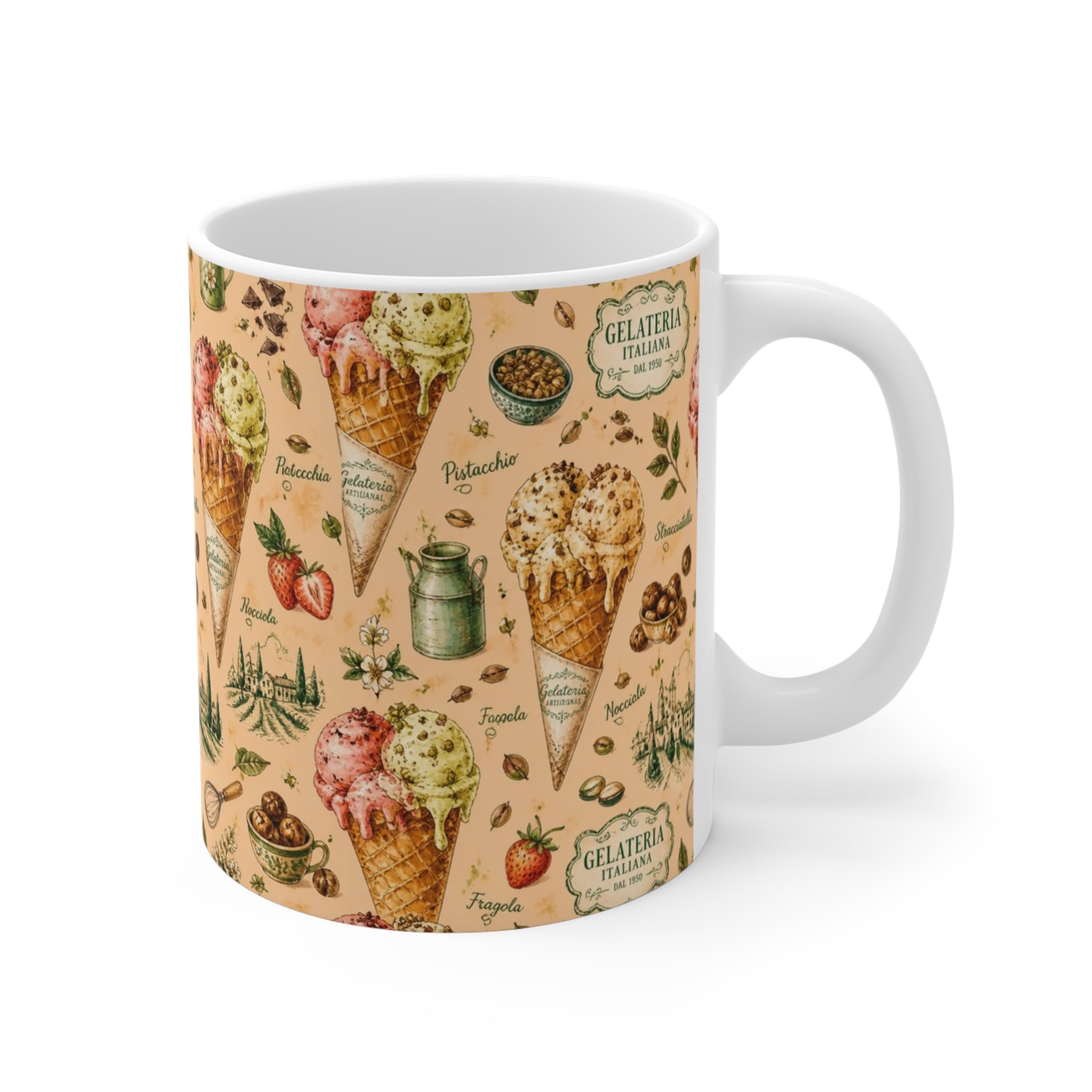 Gelato Scoops 11oz Ceramic Mug Mediterranean Kitchen Watercolor Design Italian Cottagecore Gift