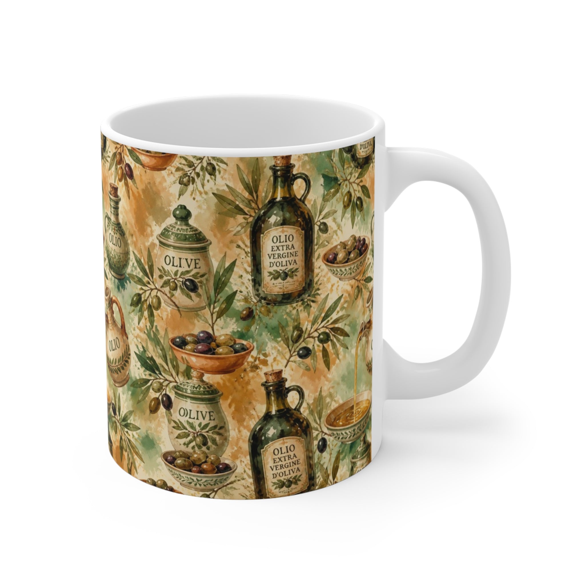 Olive Oil Bottles 11oz Ceramic Mug Mediterranean Kitchen Watercolor Splash Design Italian Cottagecore Gift