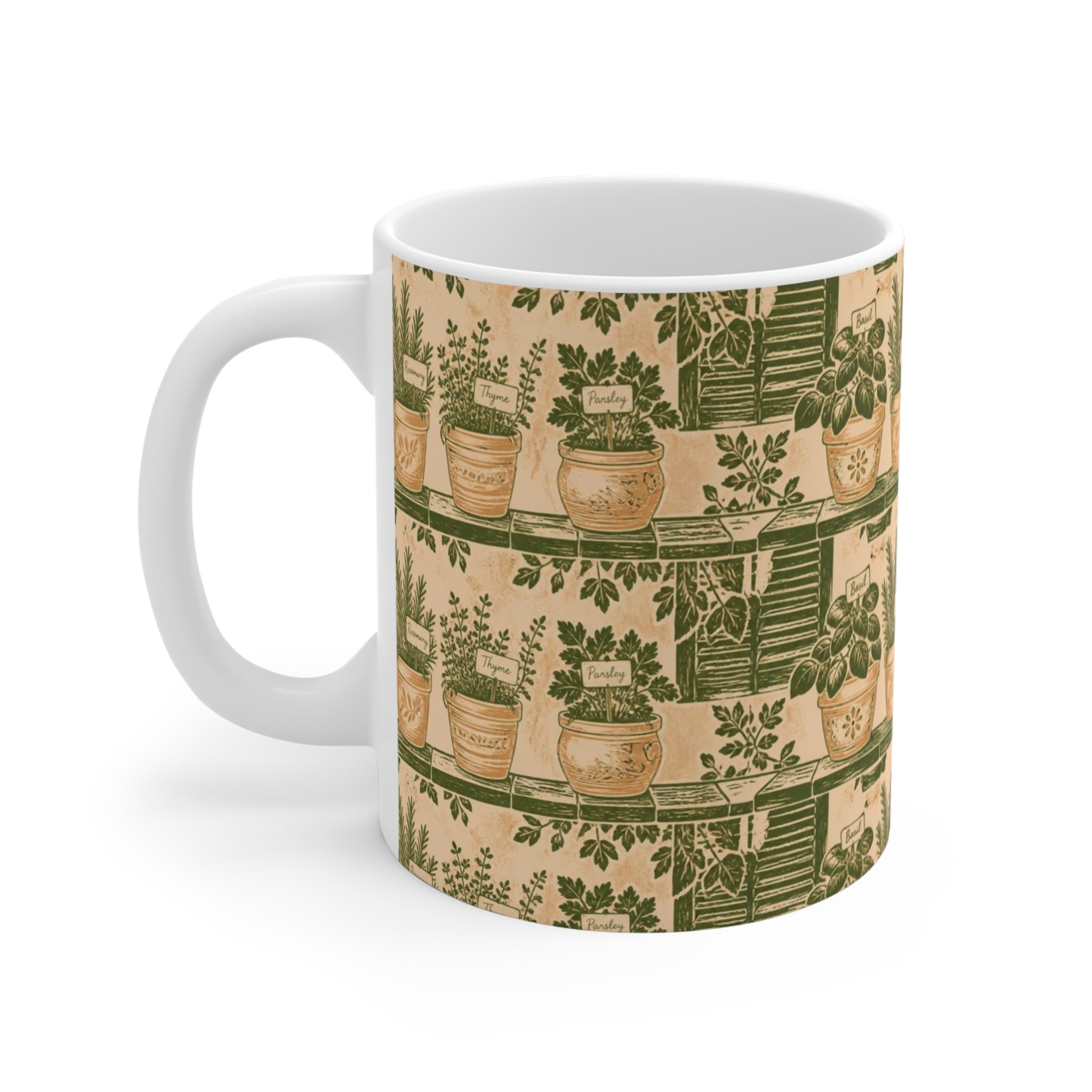 Terracotta Herb Pots 11oz Ceramic Mug Mediterranean Kitchen Linocut Design Italian Cottagecore Gift