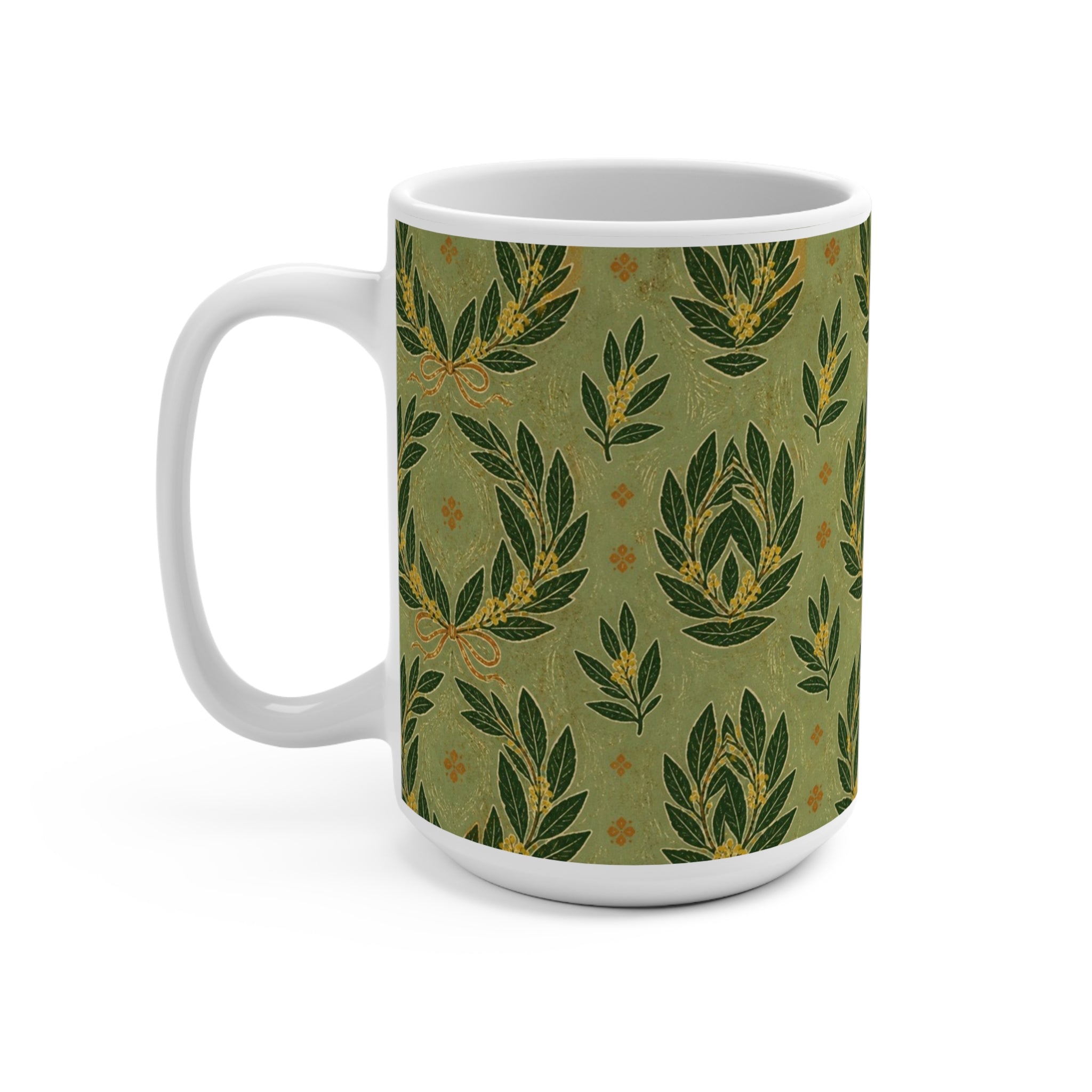 Bay Laurel Wreath 15oz Ceramic Mug Mediterranean Kitchen Linocut Design Italian Cottagecore Gift