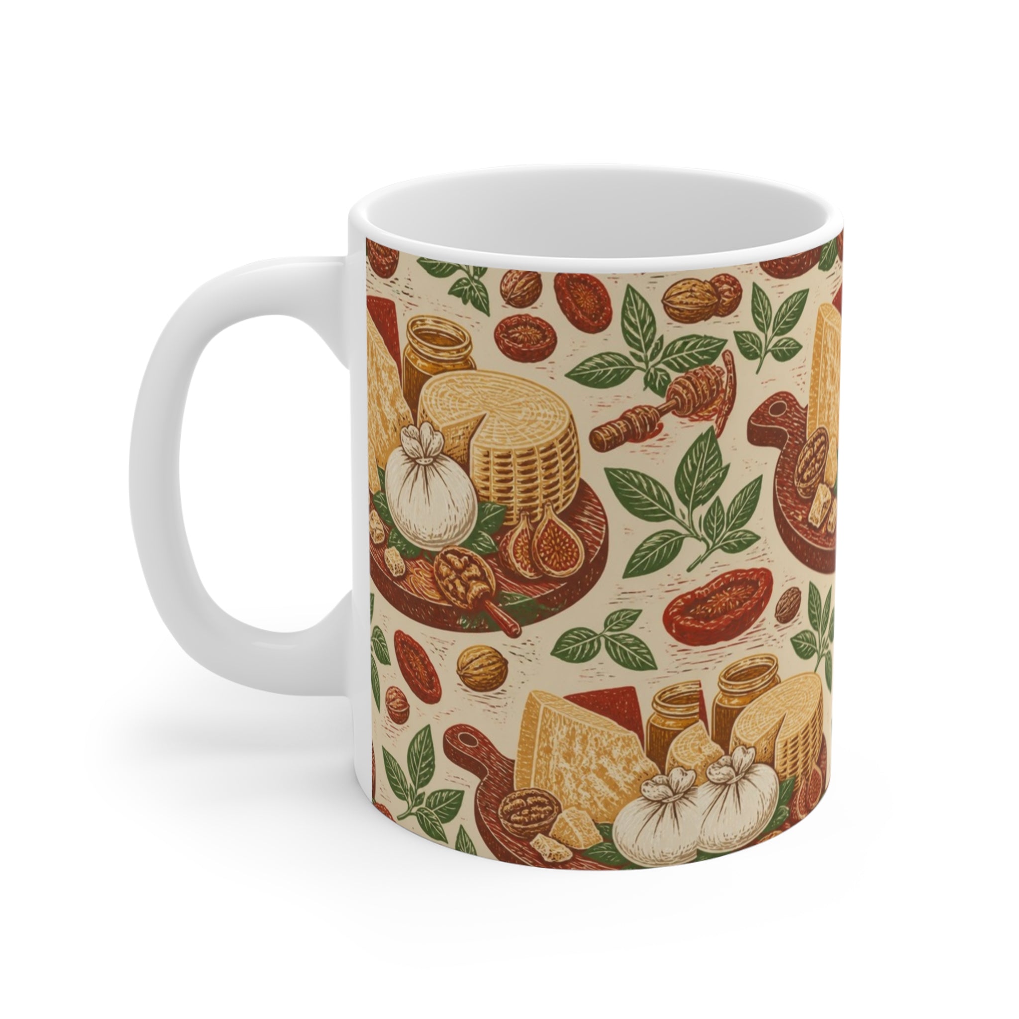 Italian Cheese Board 11oz Ceramic Mug Mediterranean Kitchen Linocut Design Italian Cottagecore Gift