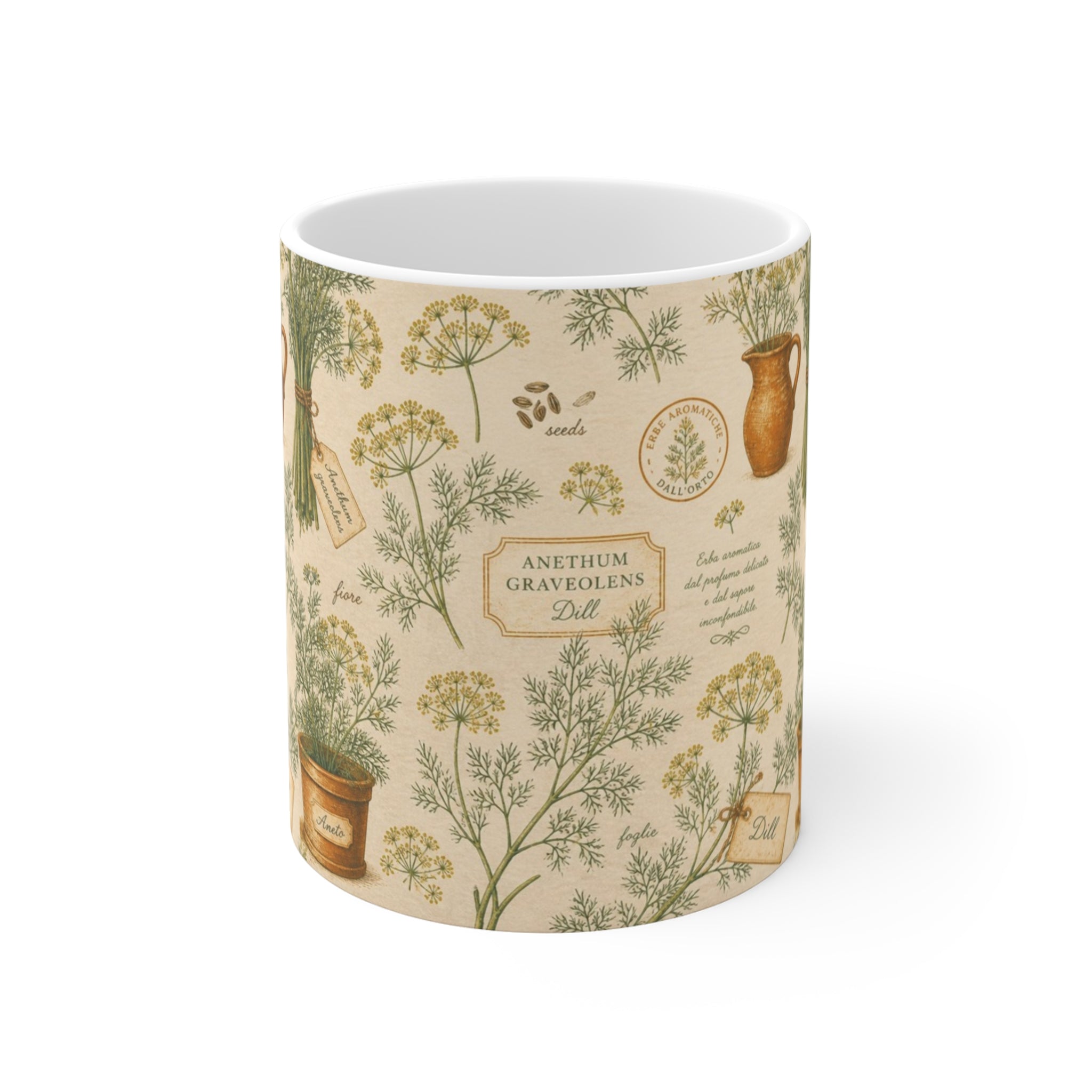 Dill Fronds 11oz Ceramic Mug Mediterranean Kitchen Botanical Design Italian Cottagecore Gift