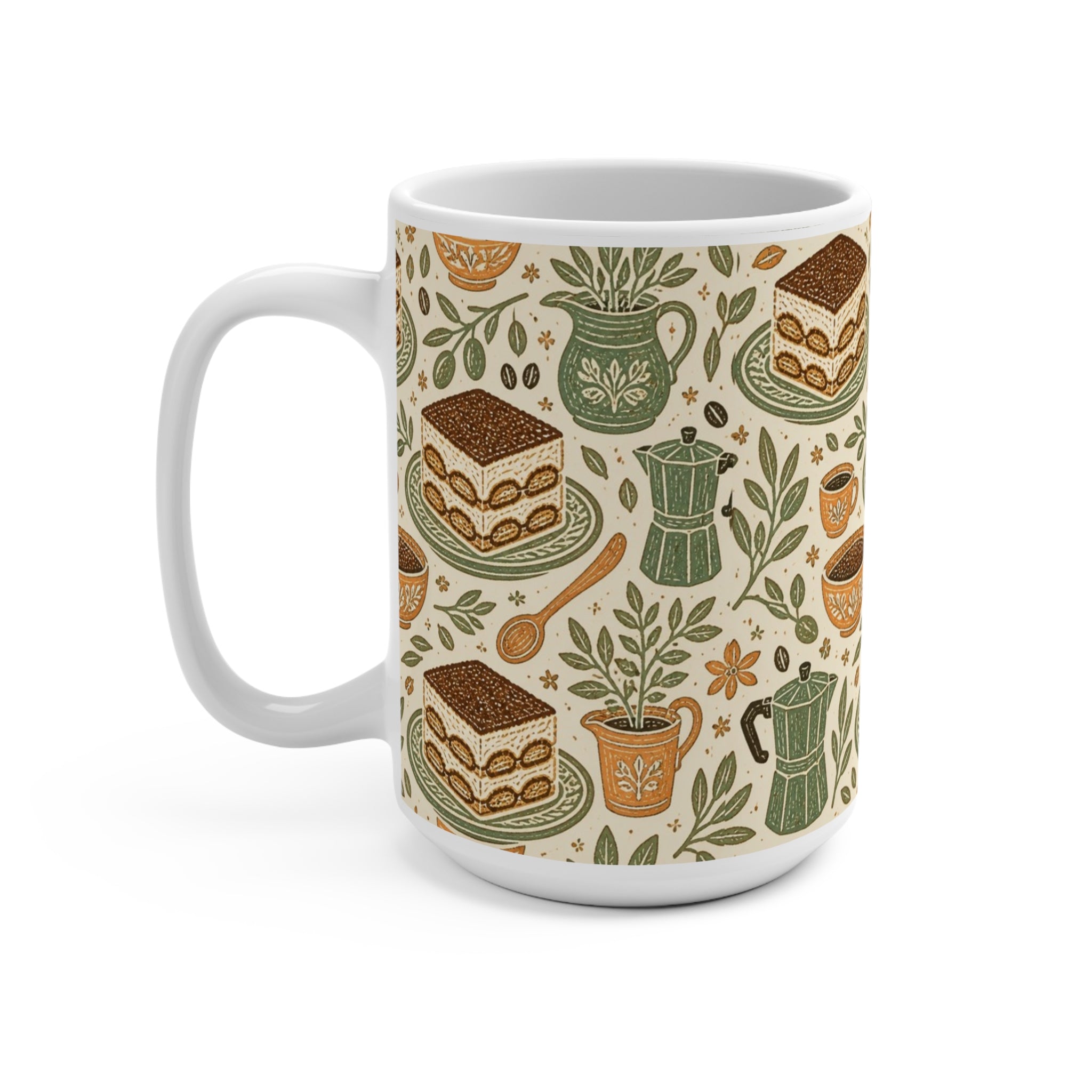 Tiramisu Layers 15oz Ceramic Mug Mediterranean Kitchen Linocut Design Italian Cottagecore Gift