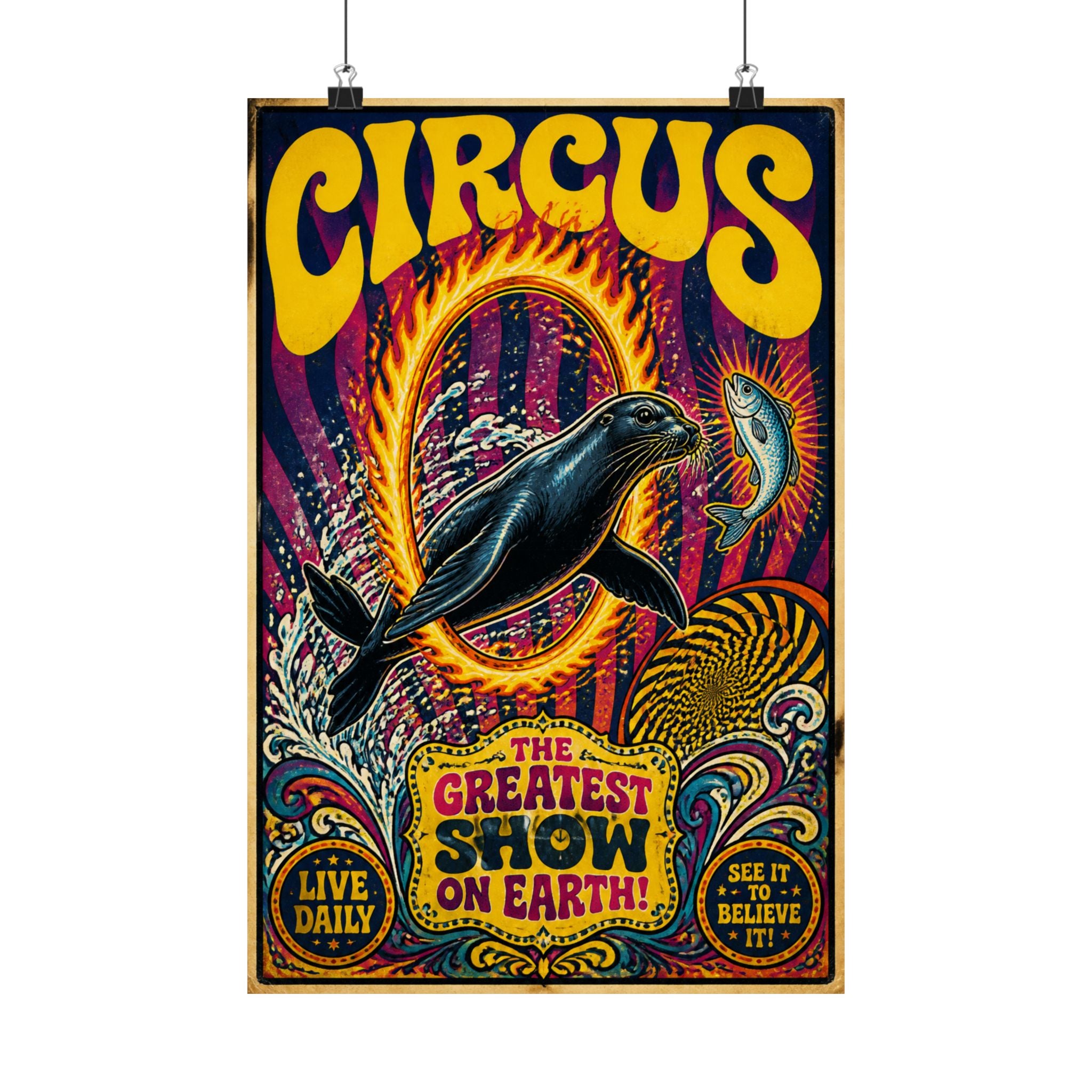 Seal Fire Hoop Wall Art Poster 18×24 Psychedelic Cafe Decor Maximalist Print