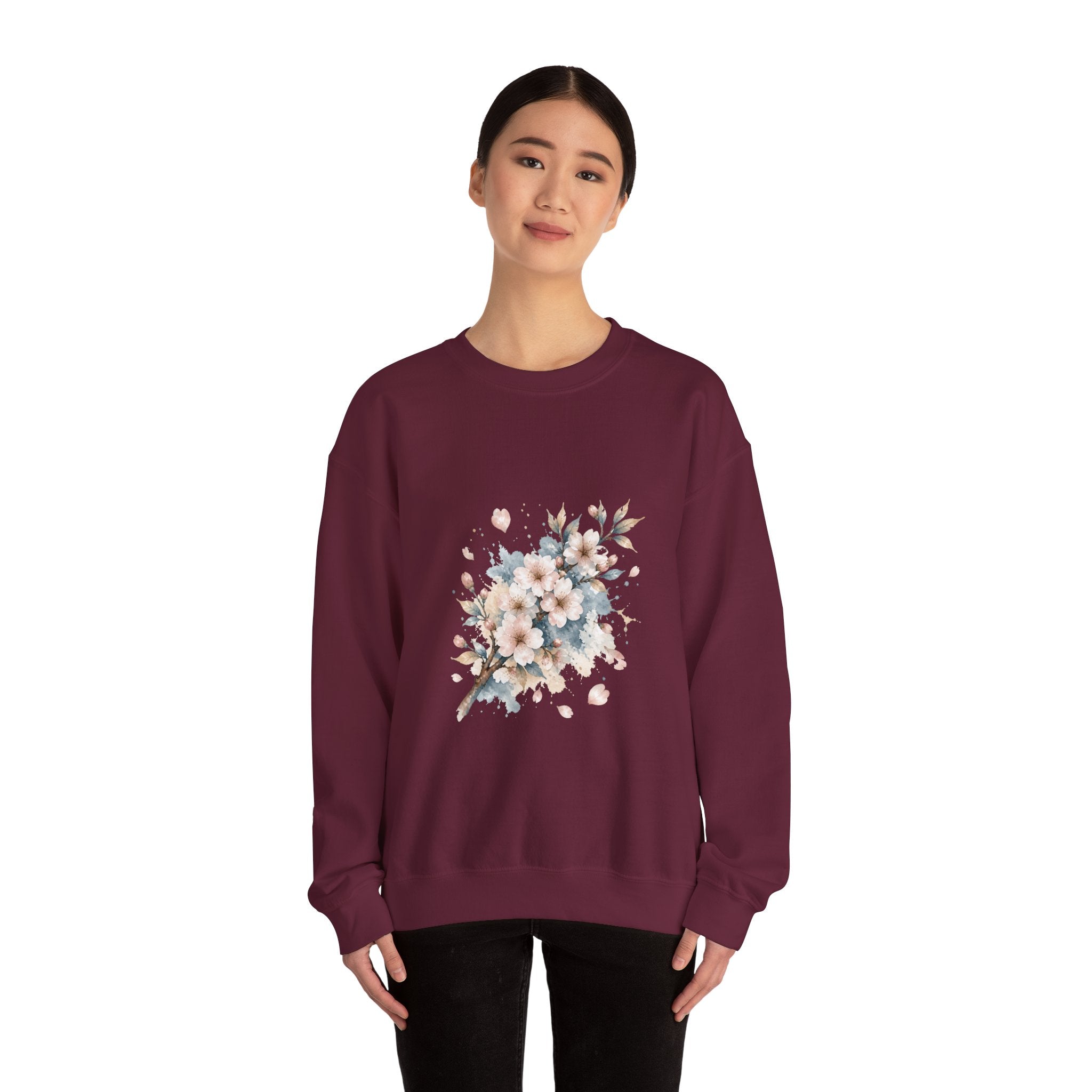 Matching Couple Sweatshirt - Cherry Blossom & Maple Leaf Matching Couple Crewneck Sweatshirt Watercolor Art His Hers Engagement Gift - Design A