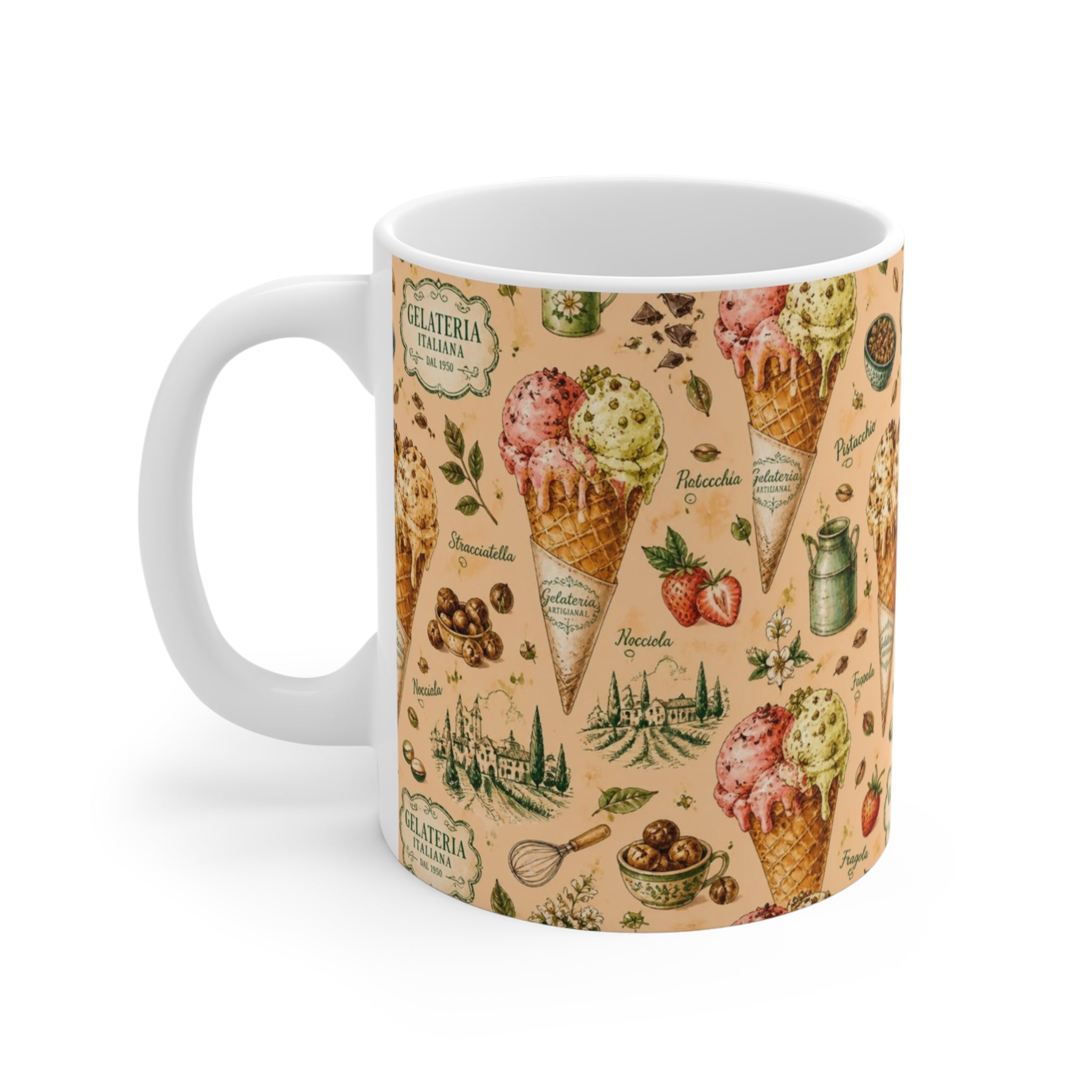 Gelato Scoops 11oz Ceramic Mug Mediterranean Kitchen Watercolor Design Italian Cottagecore Gift