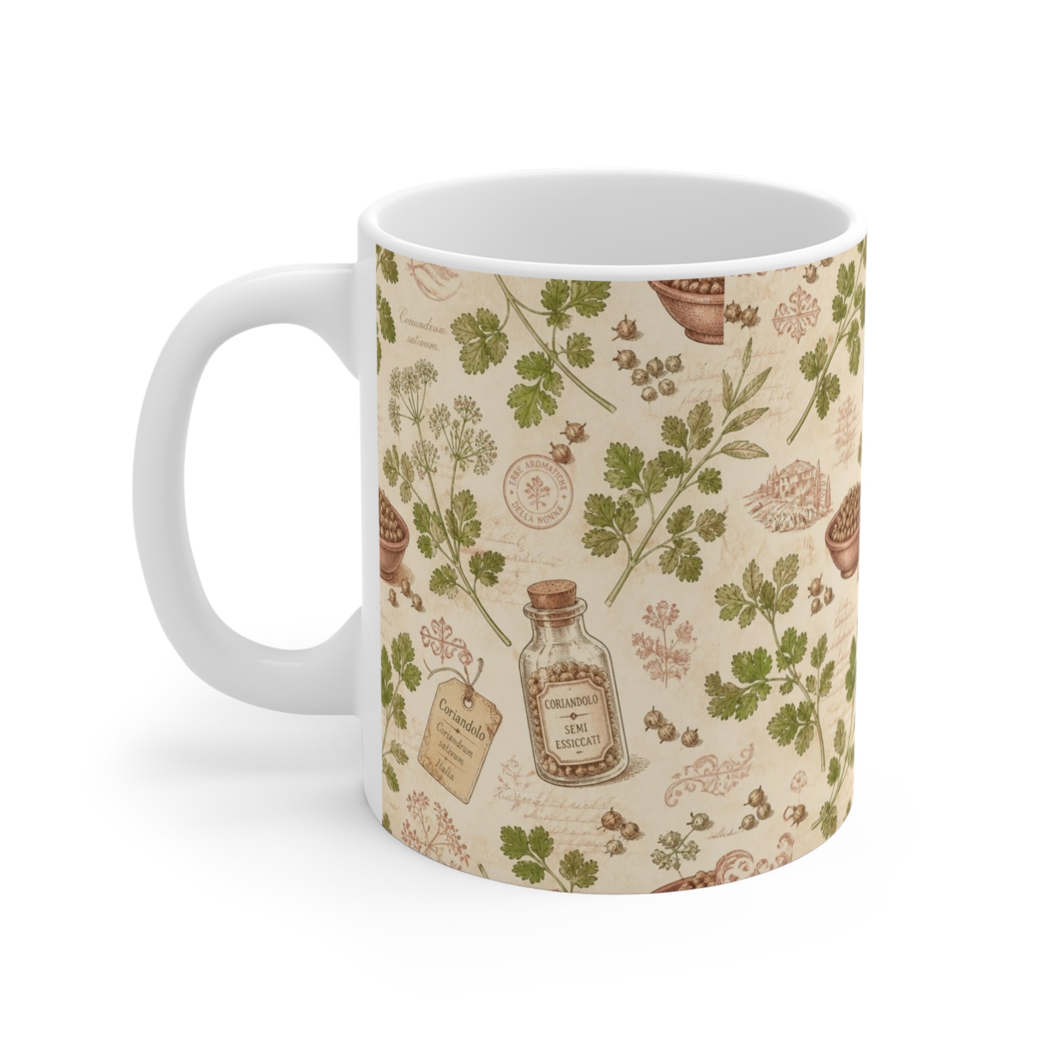 Coriander & Seeds 11oz Ceramic Mug Mediterranean Kitchen Botanical Design Italian Cottagecore Gift