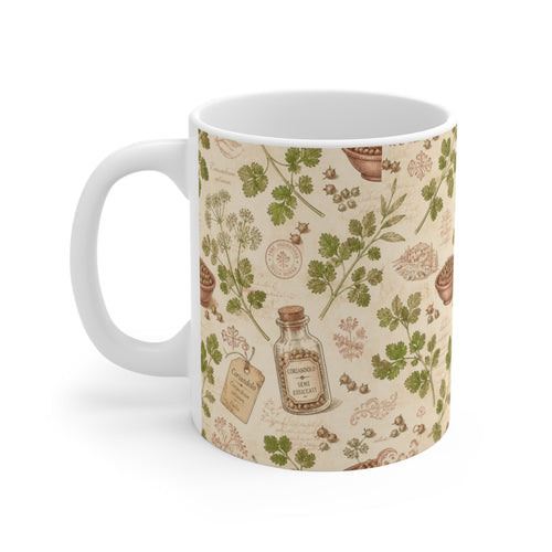Coriander & Seeds 11oz Ceramic Mug Mediterranean Kitchen Botanical Design Italian Cottagecore Gift
