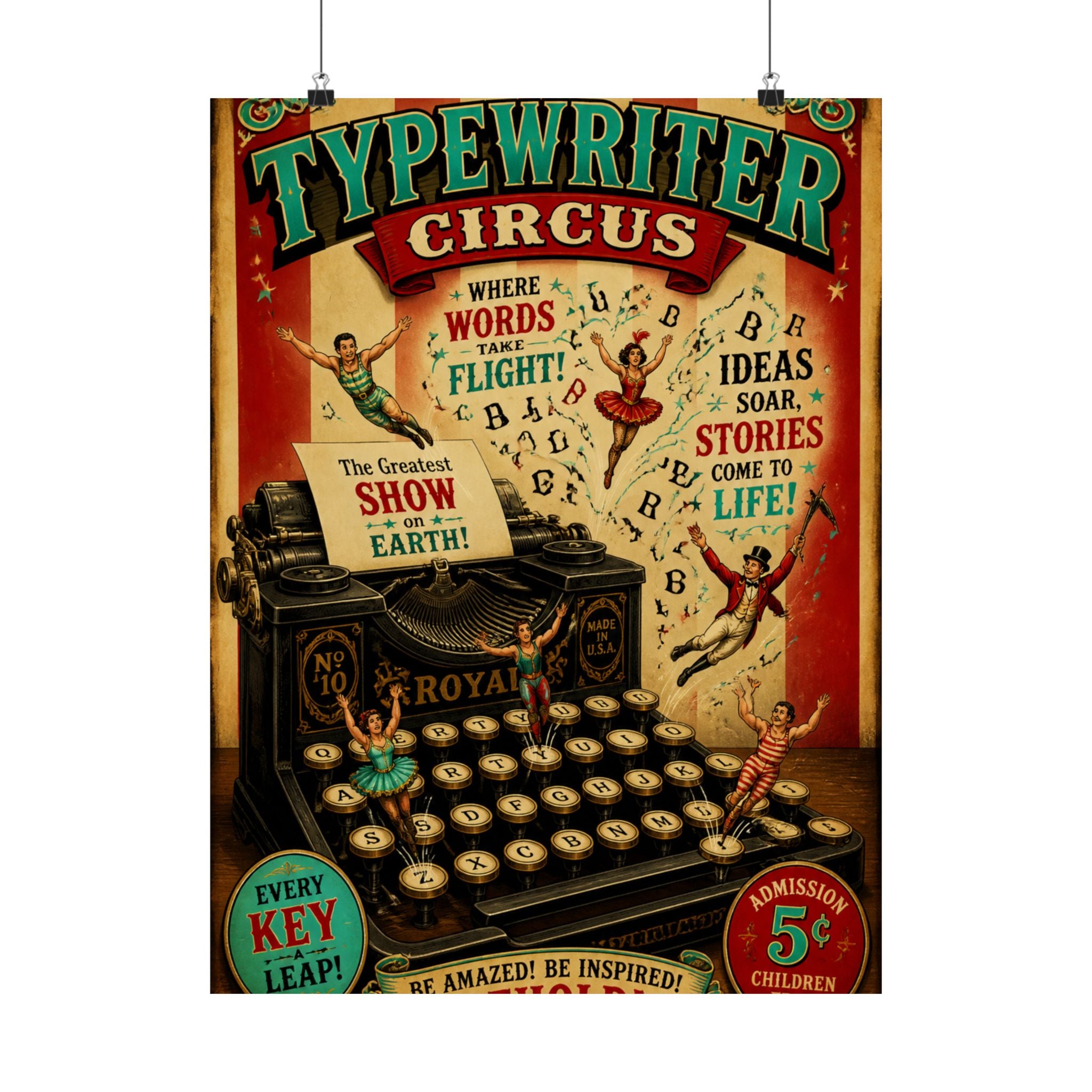 Typewriter Flying Letters Wall Art Poster 18×24 Vintage Circus Kitchen Decor Maximalist Print