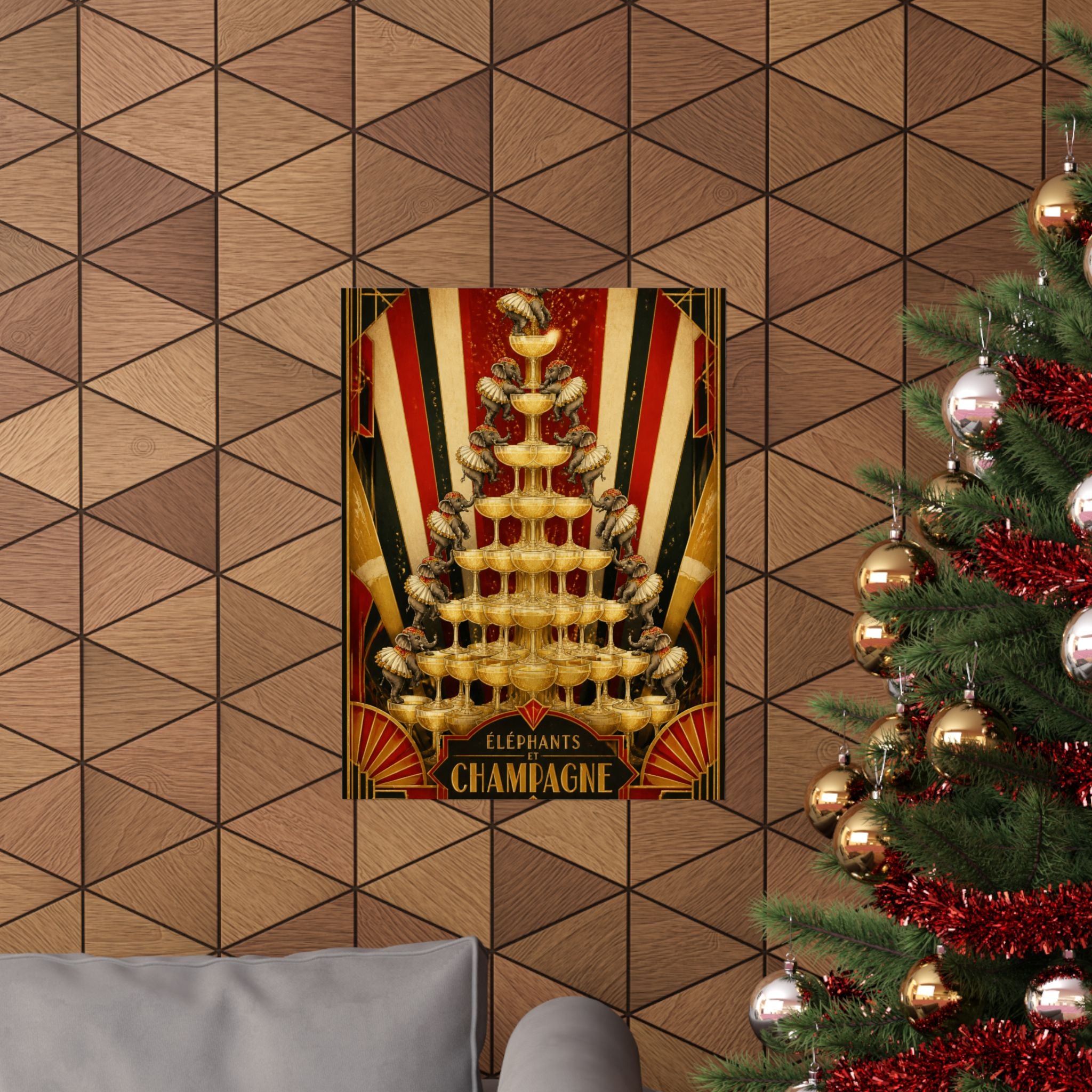 Champagne Tower Elephants Wall Art Poster 24×36 Art Deco Bar Area Decor Maximalist Print