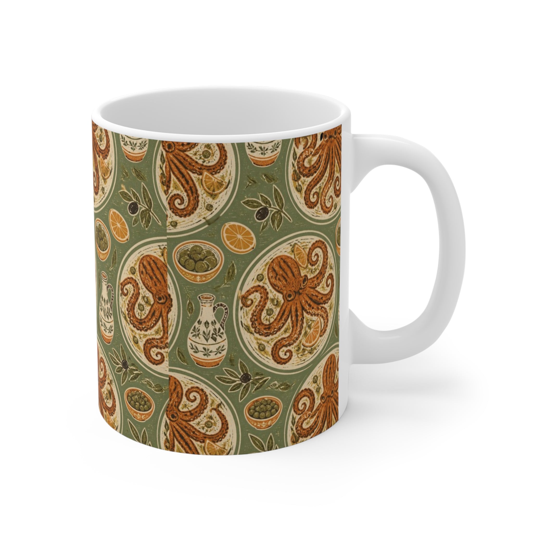 Grilled Octopus 11oz Ceramic Mug Mediterranean Kitchen Linocut Design Italian Cottagecore Gift