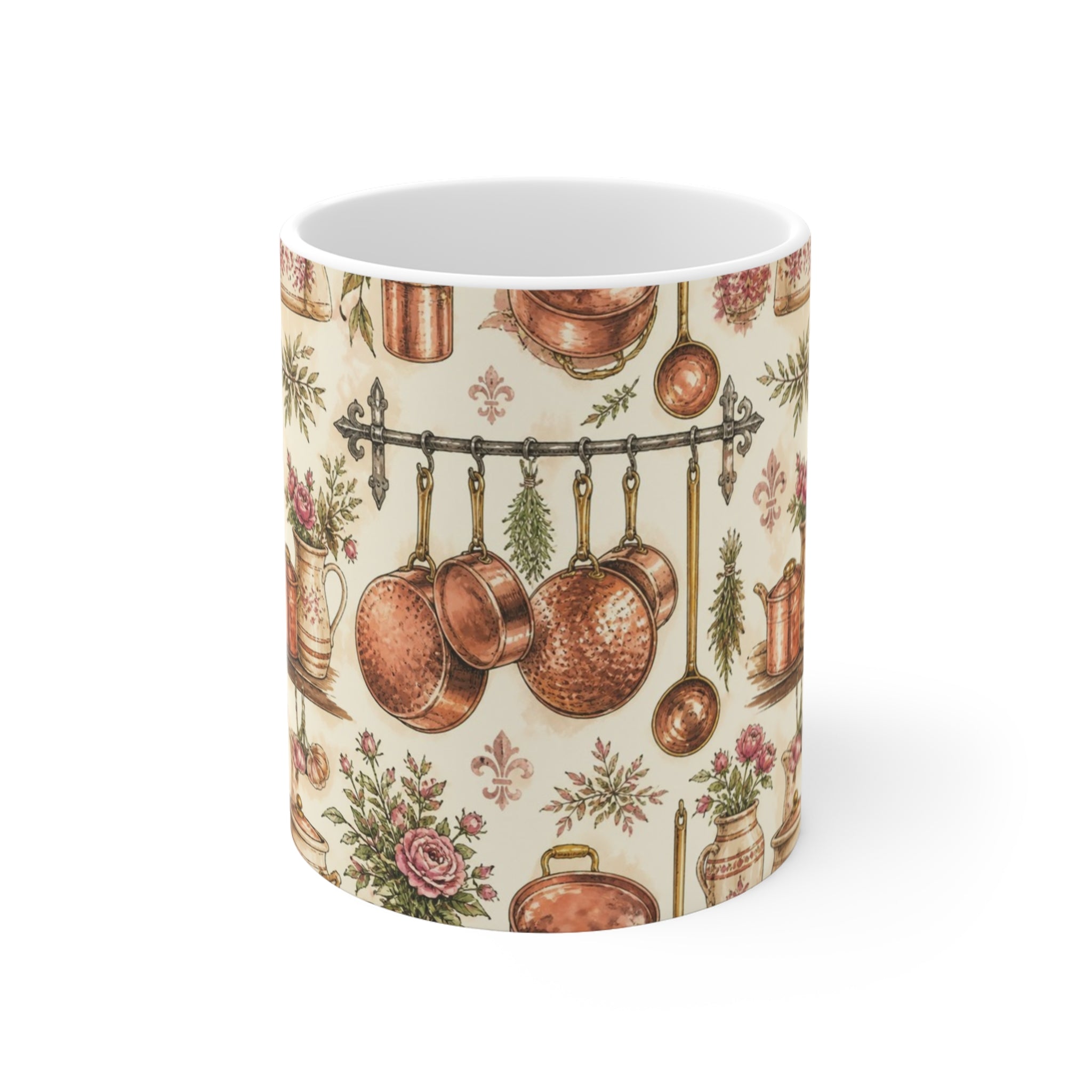 Copper Cookware 11oz Ceramic Mug Mediterranean Kitchen Watercolor Design Italian Cottagecore Gift