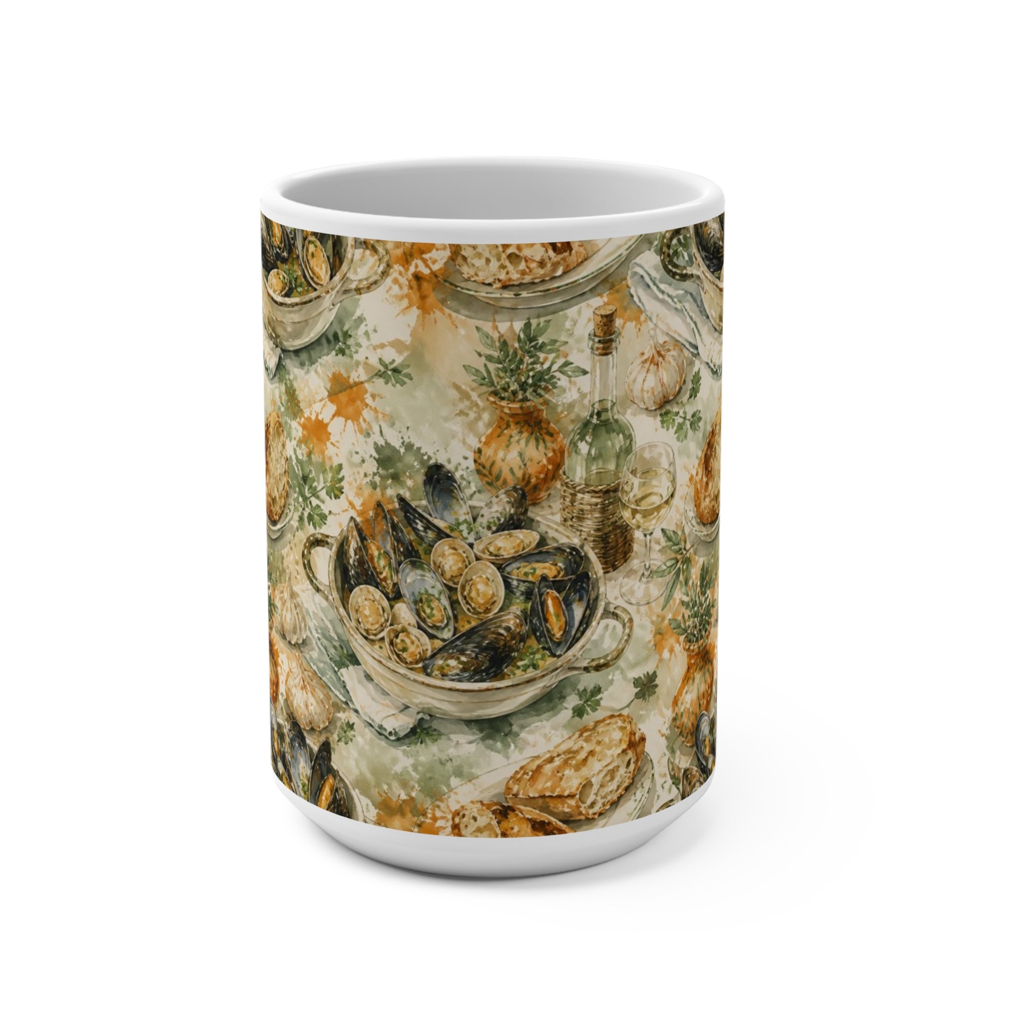 Mussels & Clams 15oz Ceramic Mug Mediterranean Kitchen Watercolor Splash Design Italian Cottagecore Gift