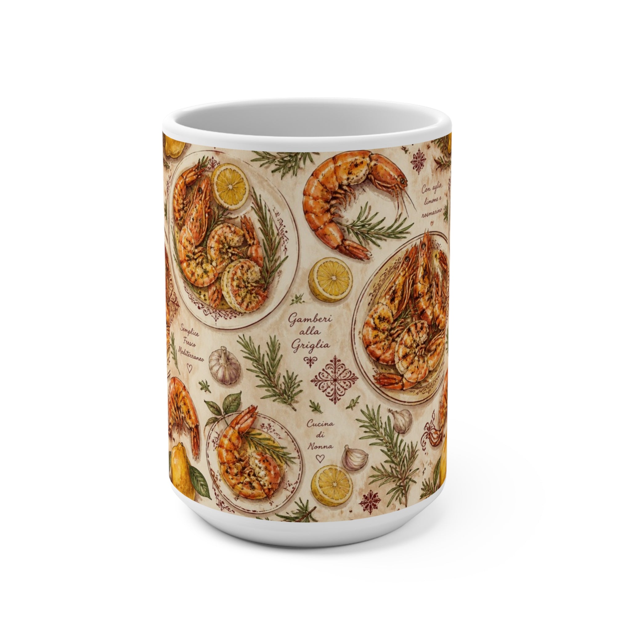 Mediterranean Shrimp 15oz Ceramic Mug Mediterranean Kitchen Watercolor Design Italian Cottagecore Gift