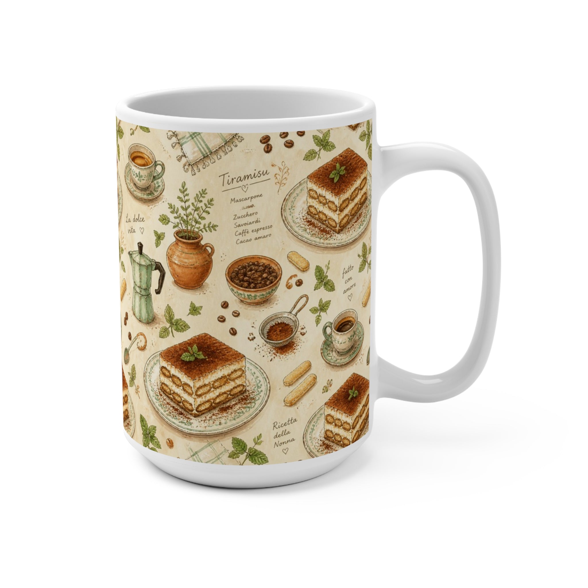 Tiramisu Layers 15oz Ceramic Mug Mediterranean Kitchen Watercolor Design Italian Cottagecore Gift