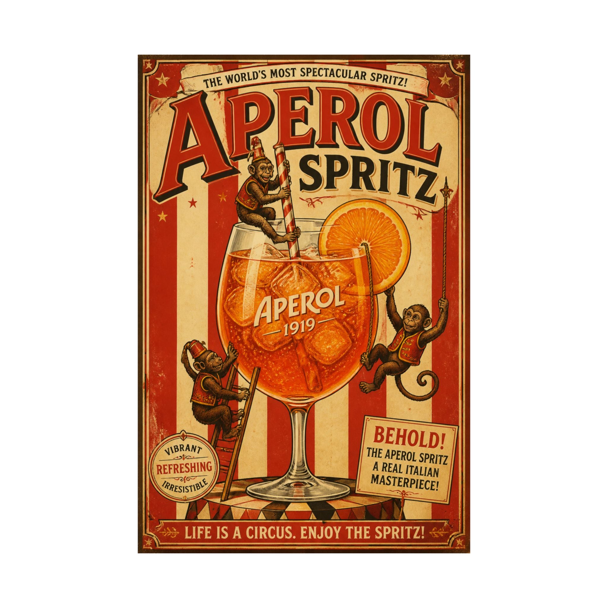 Aperol Spritz Monkeys Wall Art Poster 24×36 Vintage Circus Bedroom Decor Maximalist Print
