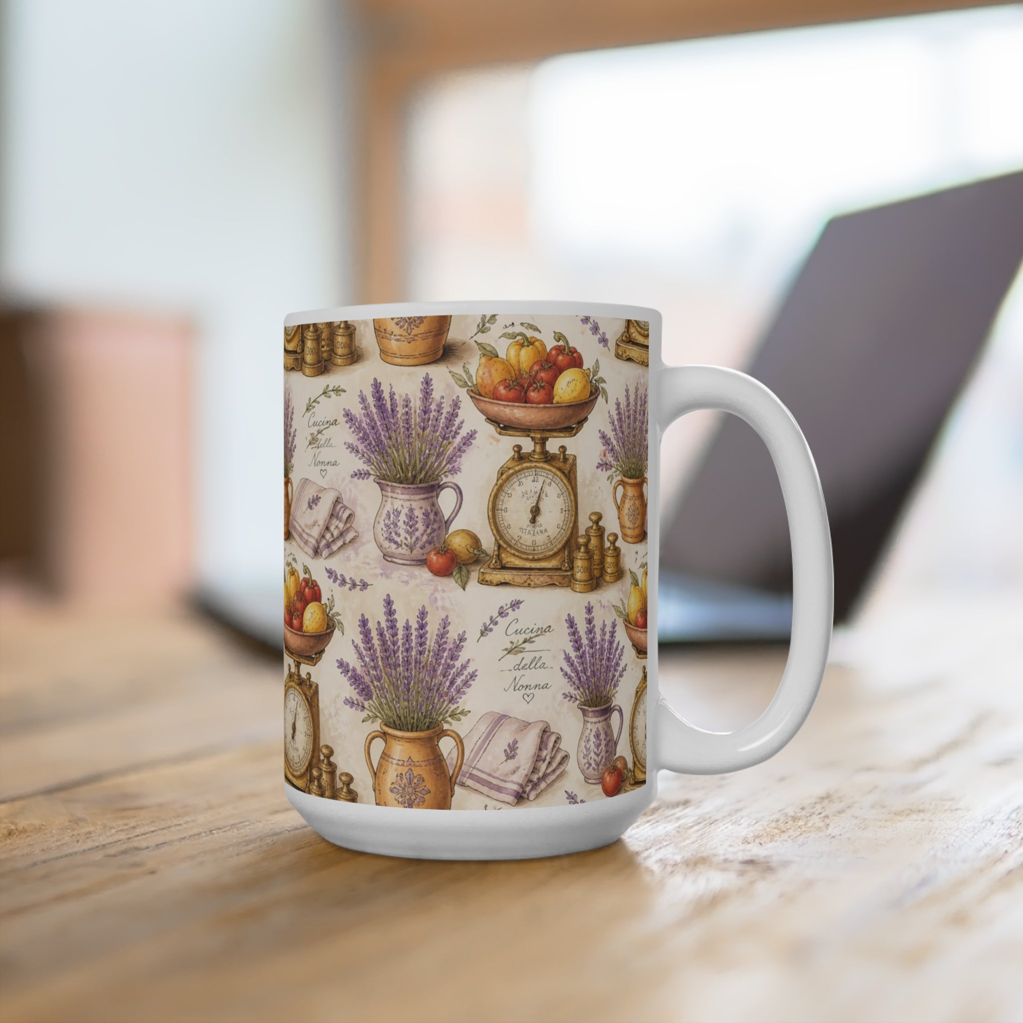 Vintage Kitchen Scale 15oz Ceramic Mug Mediterranean Kitchen Watercolor Design Italian Cottagecore Gift