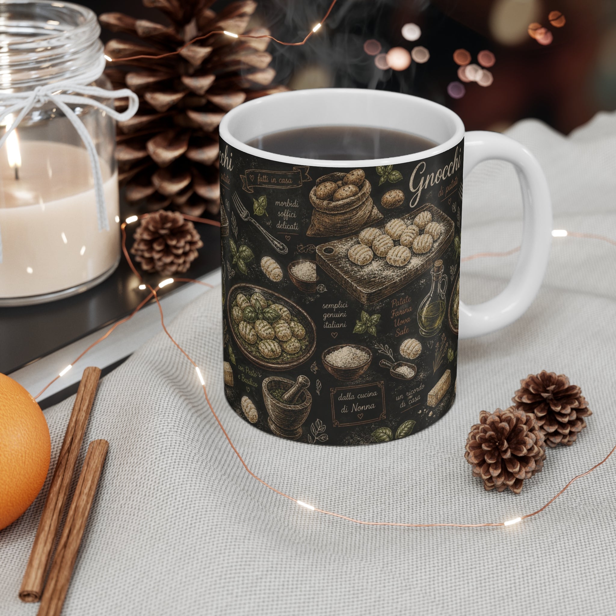 Potato Gnocchi 11oz Ceramic Mug Mediterranean Kitchen Chalk Art Design Italian Cottagecore Gift
