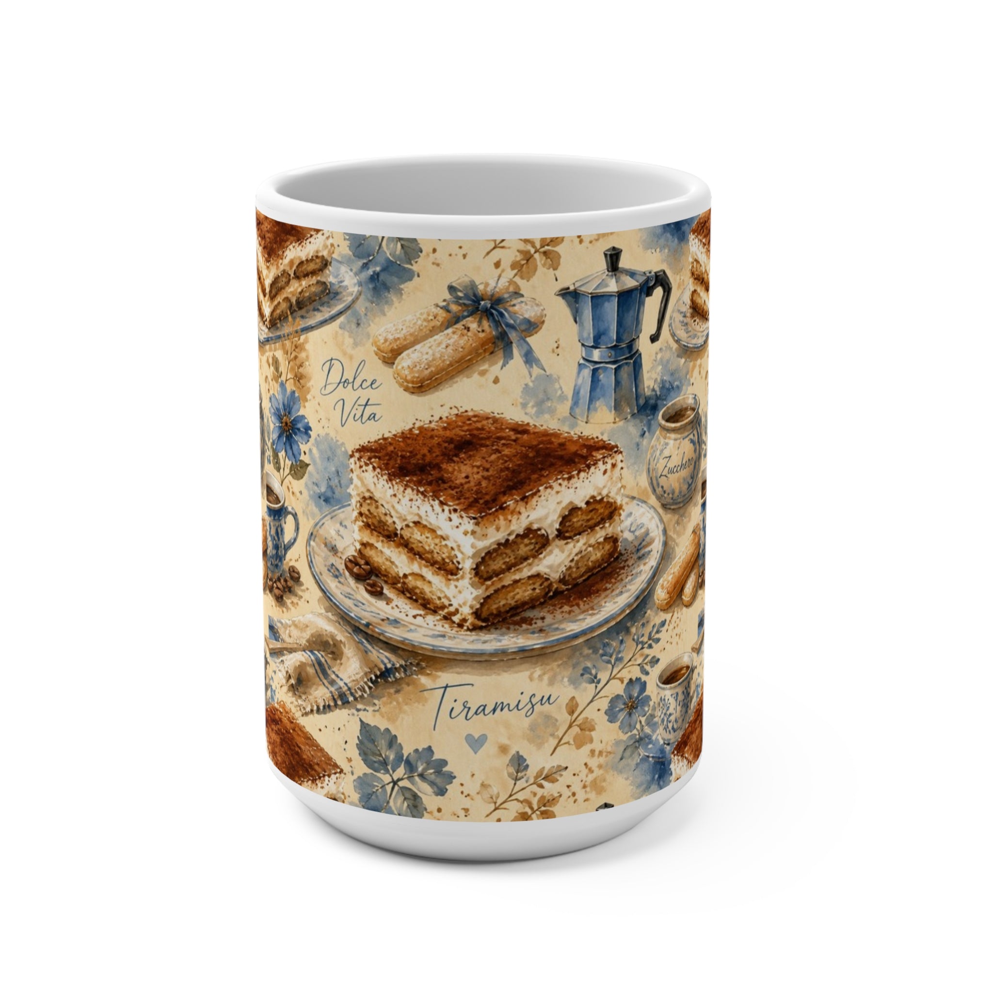 Tiramisu Layers 15oz Ceramic Mug Mediterranean Kitchen Watercolor Splash Design Italian Cottagecore Gift