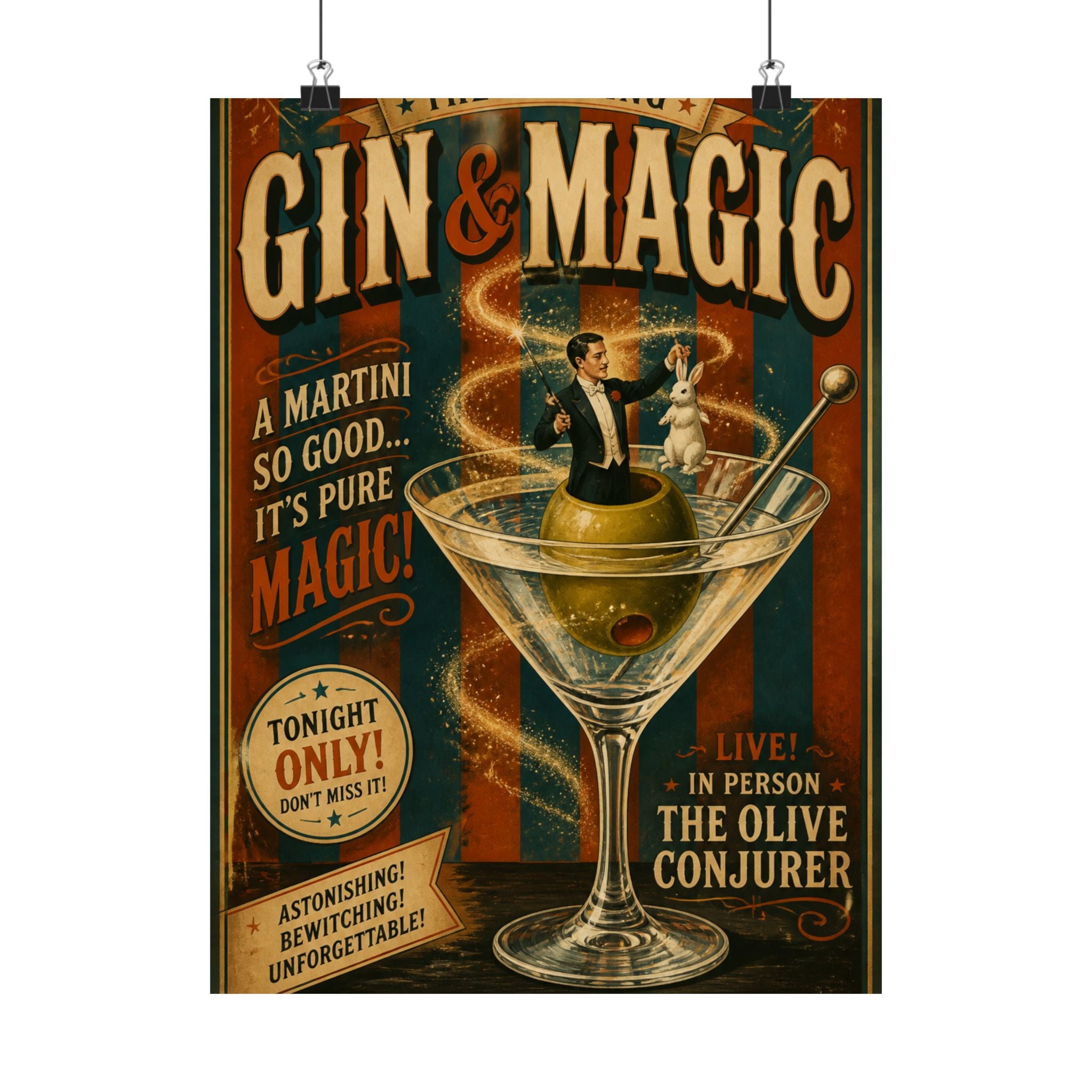Martini Magician Wall Art Poster 18×24 Vintage Circus Kitchen Decor Maximalist Print