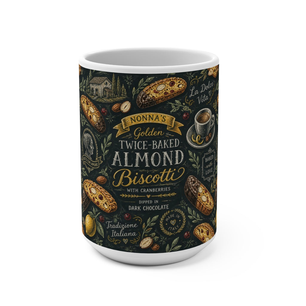Almond Biscotti 15oz Ceramic Mug Mediterranean Kitchen Chalk Art Design Italian Cottagecore Gift