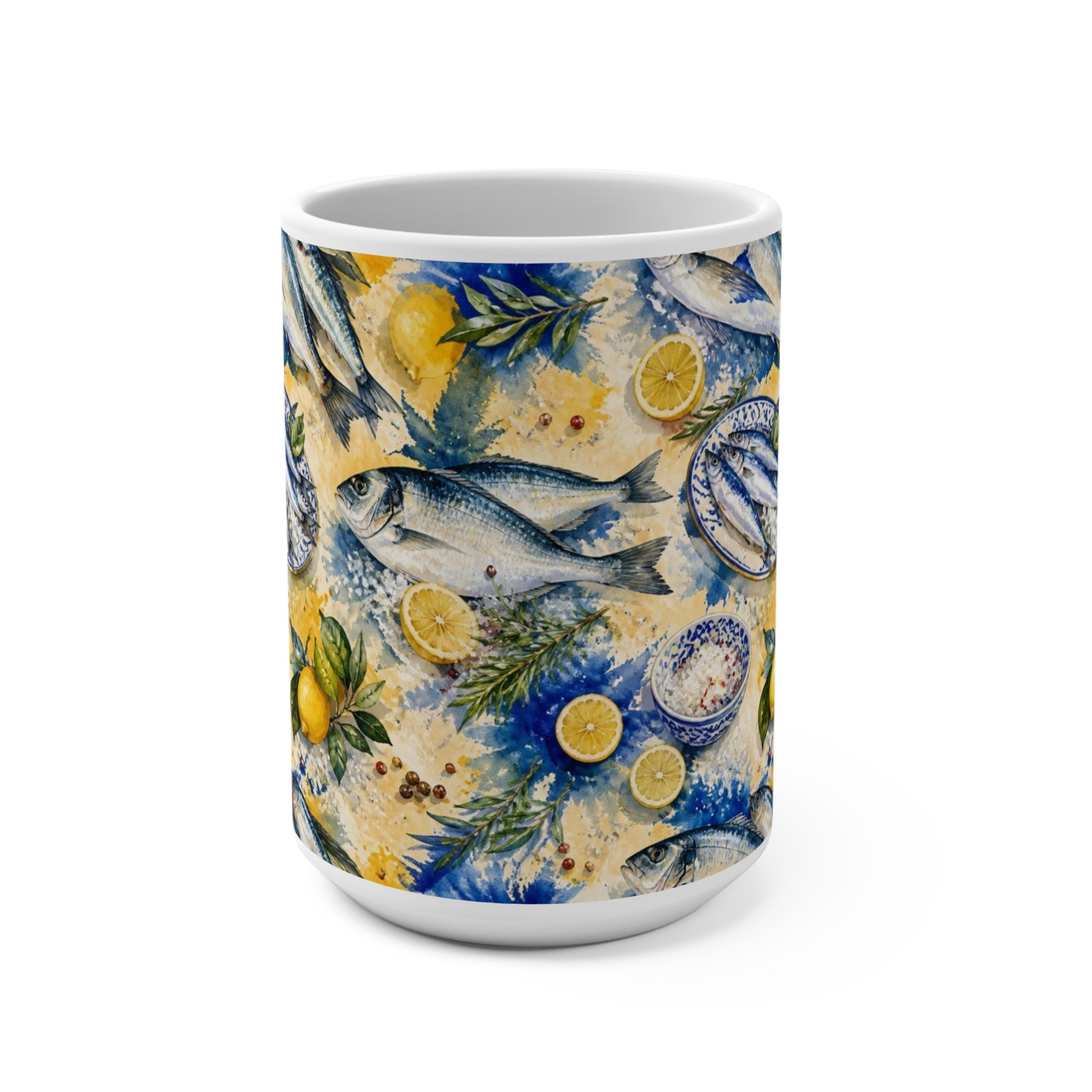 Mediterranean Fish 15oz Ceramic Mug Mediterranean Kitchen Watercolor Splash Design Italian Cottagecore Gift