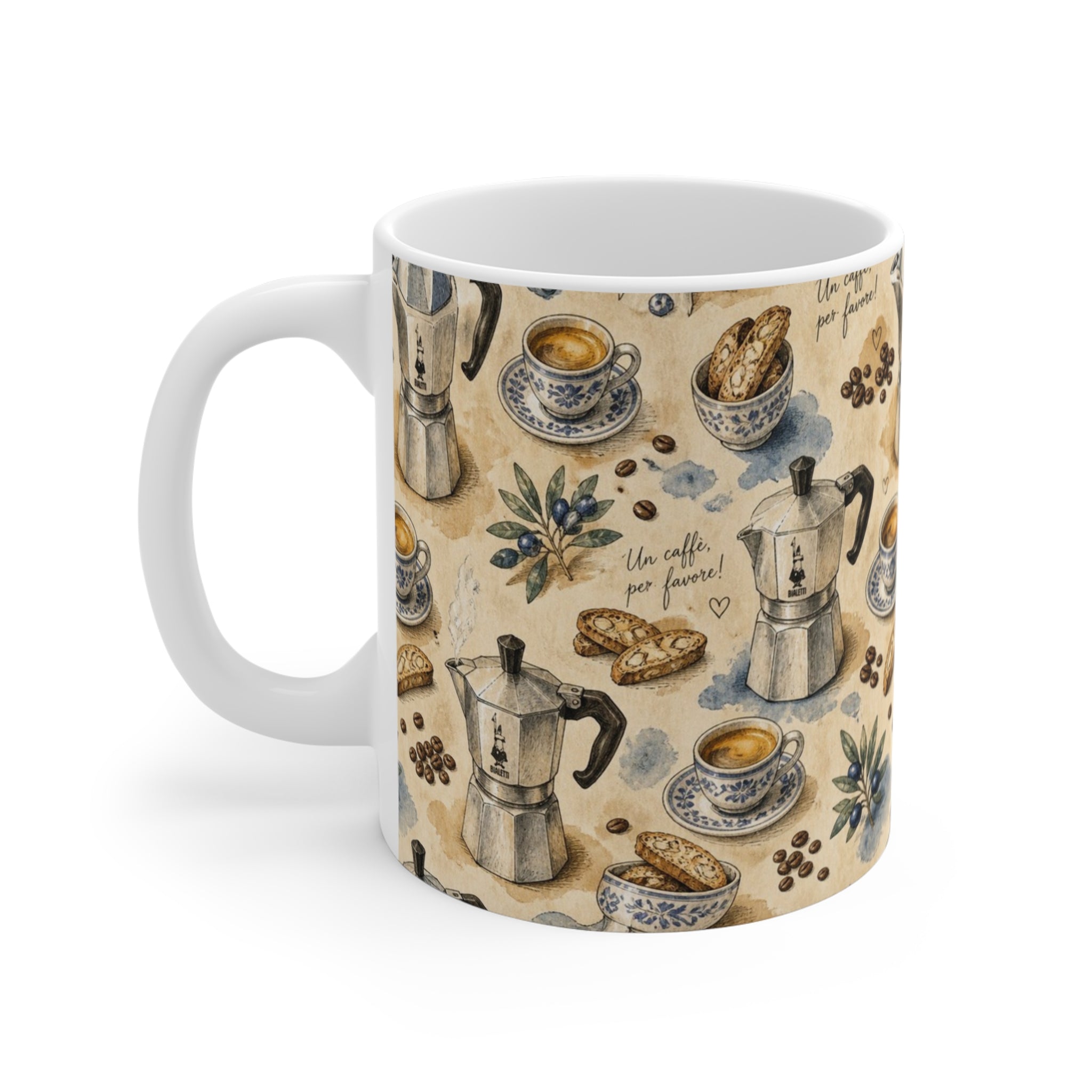 Espresso Moka Pot 11oz Ceramic Mug Mediterranean Kitchen Watercolor Design Italian Cottagecore Gift